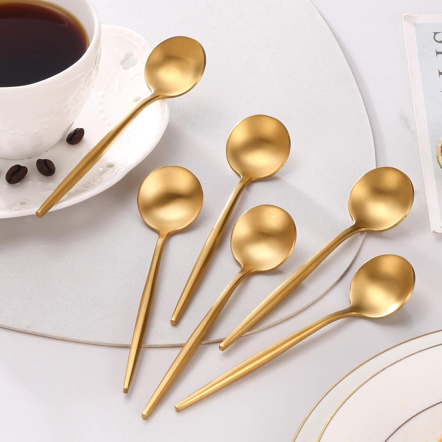 Gold Coffee Spoons Set,Stainless Steel Teaspoons of 6,Espresso Spoons 5.11 inch,Demitasse Dessert Scoop,Small Tea Scoop Mini for Stirring,Matte Finish,Dishwasher Safe