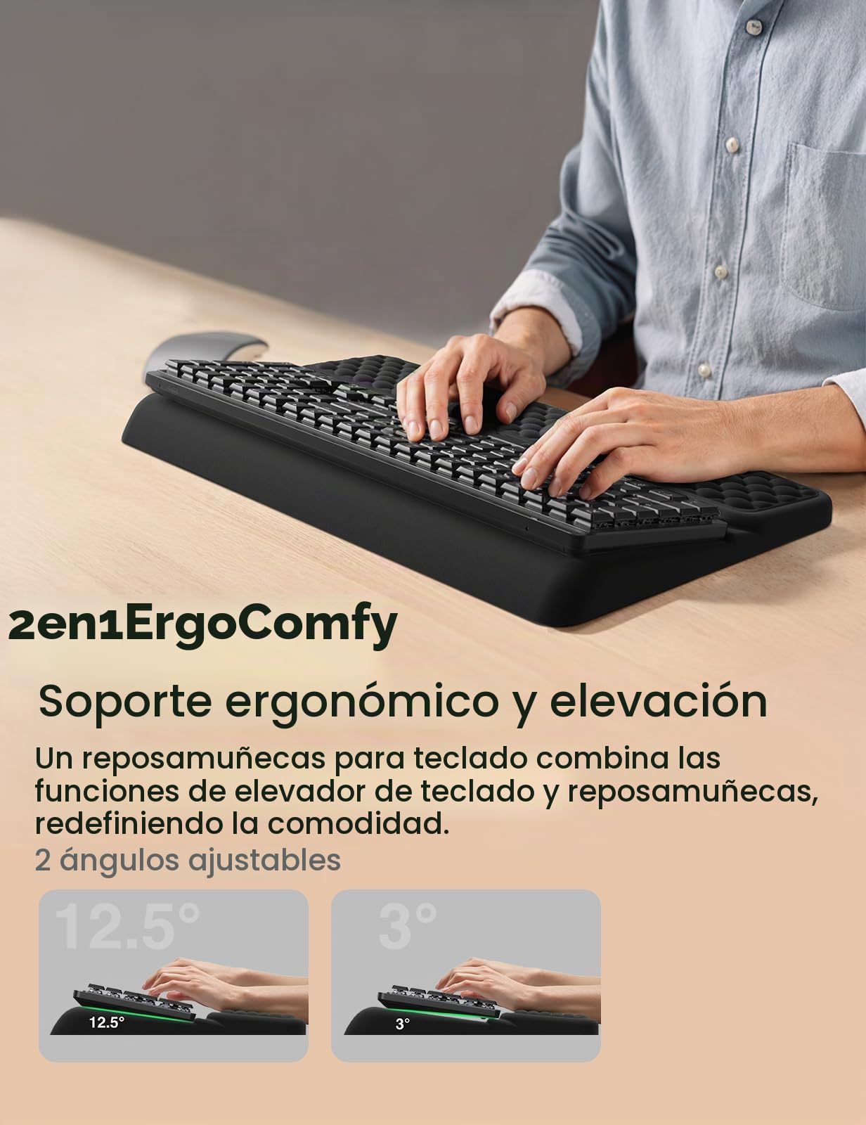 VAYDEER Reposamuñecas Ergonómico para Teclado – Soporte 2 en 1 con Elevador y Almohadilla de Espuma Viscoelástica, Base Antideslizante, Ideal para Oficina, Portátil y Gaming – Negro