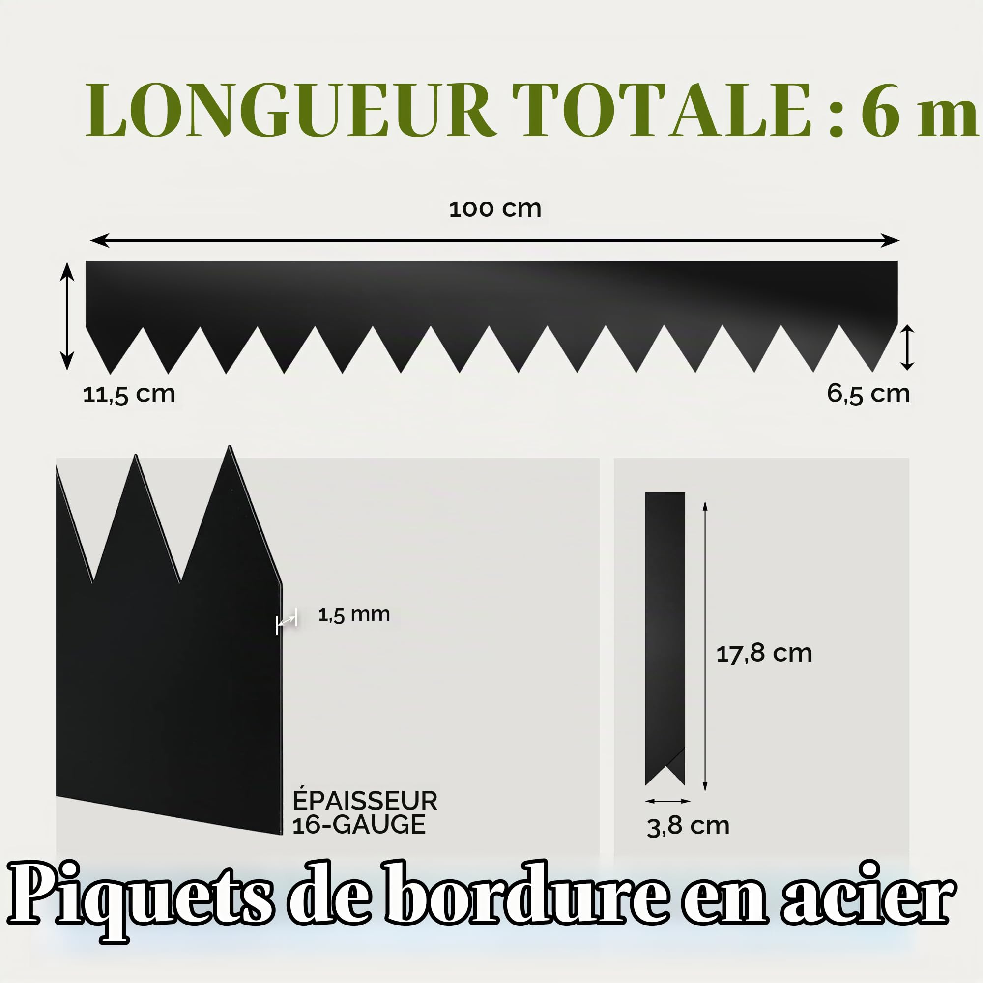Lot de 6 bordures de pelouse galvanisées 6m L x 11,43cm H avec revêtement en poudre noire en acier pour paysage - Bordure décorative en métal de 14 jauges à enfoncer au marteau