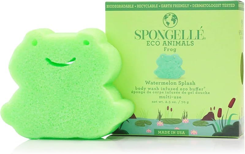 SPONGELLÉ Esponja de banho infantil em formato de sapo Frog Eco Collection com fragrância Watermelon Splash