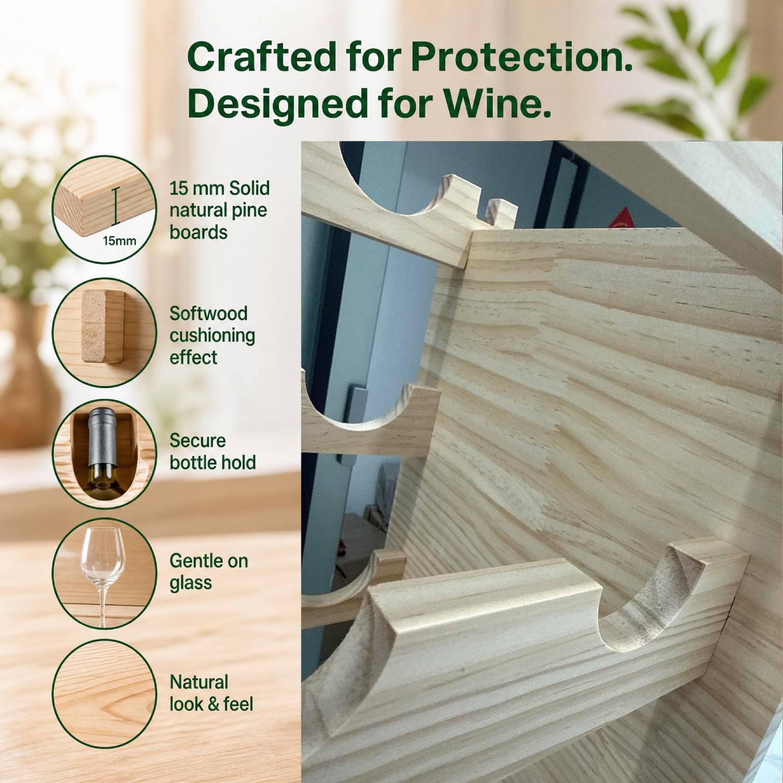 GarveeTech Weinflaschenregal 36 Flaschenständer Stapelbares Weinregal aus Kiefernholz, stabile Zapfenverbindung, Natur‑Optik, platzsparend für Küche, Wohnzimmer, Bar
