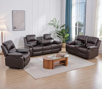 Faux Leather Recliner Sofa Set,Reclining Sofa Couch with Double Recliners,Brown Recliner Couch Set with Cup Holders and Drop-Down Table for Living Room/Office/Home Theater3 Pieces Set