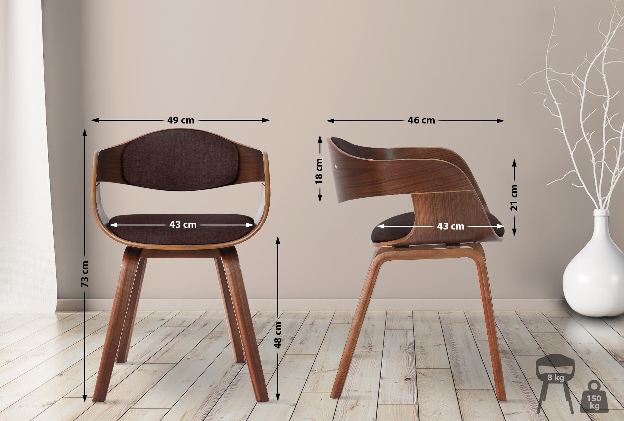CLP Esszimmerstuhl ergonomisch Kingston,Lehnstuhl mit umlaufender Rückenlehne, Holzgestell belastbar bis 150 kg, Farbe:walnuss/braun