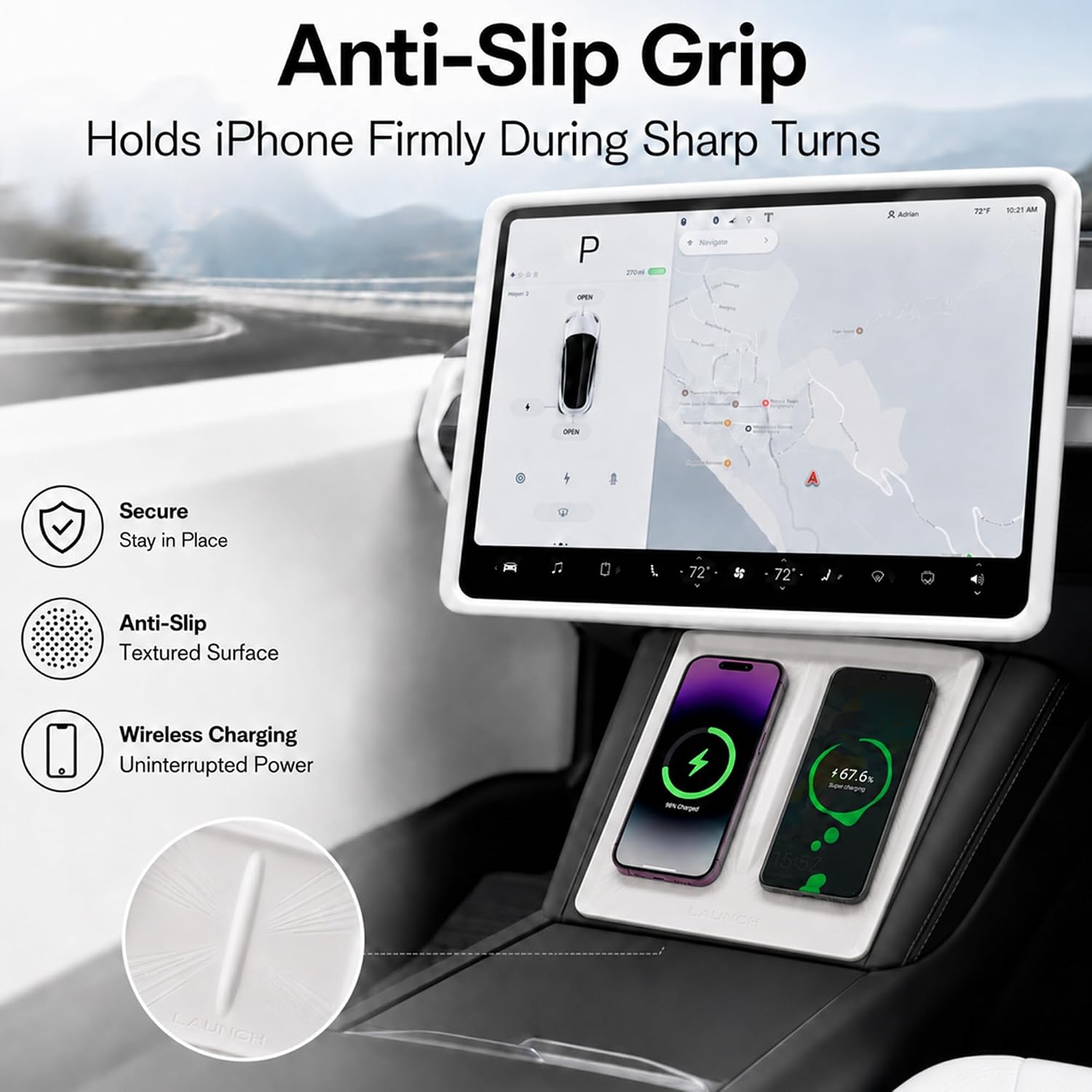 3Pcs White Silicone Interior Kit for Tesla Model 3 Highland 2024-2026 & for Model Y Juniper 2025-2026, Screen Bezel Cover, Rearview Mirror Frame Cover, Wireless Charging Pad Mat