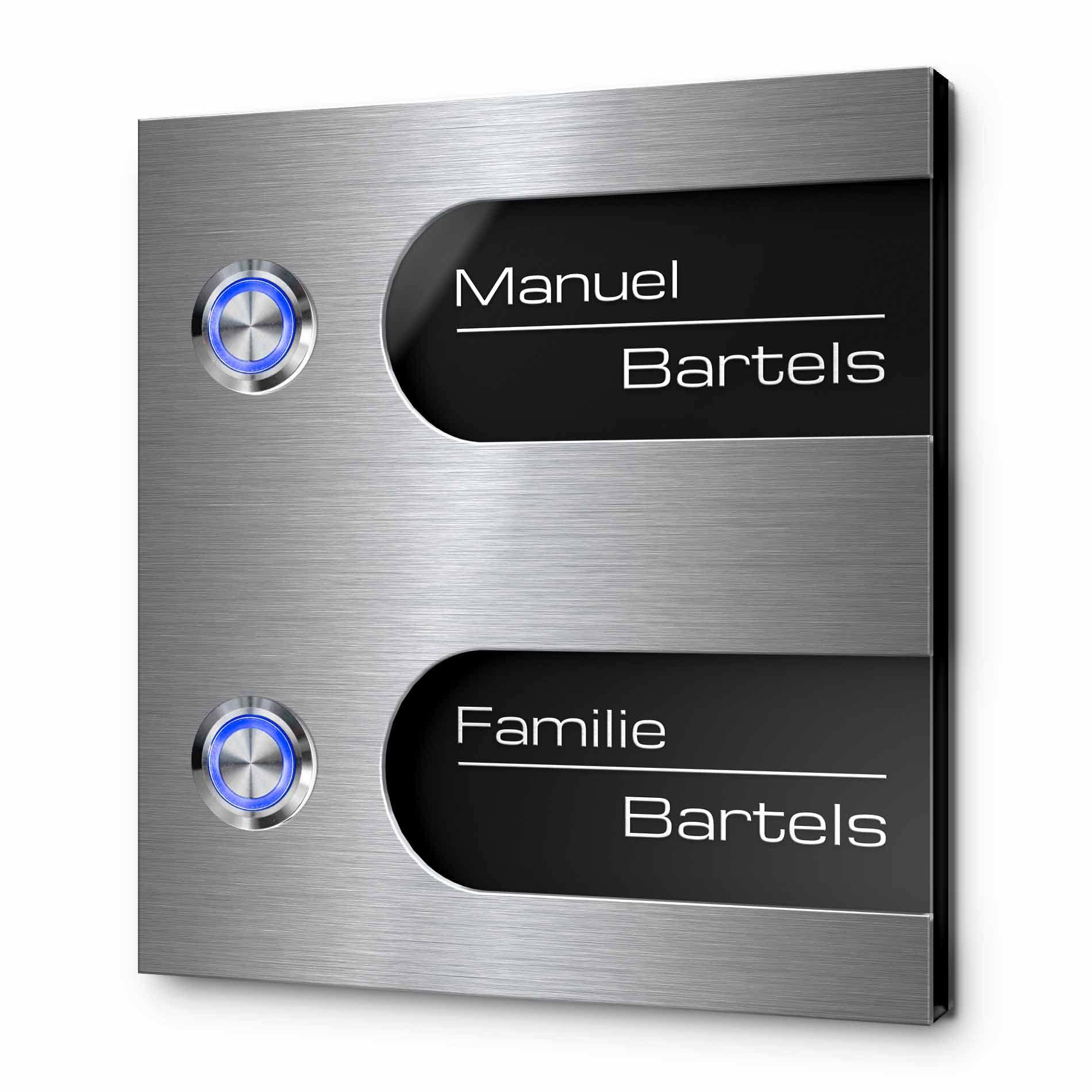 Mehrfamilien Türklingel mit Gravur und 2 LED-Klingelknöpfen 12x13 cm | Modell: Bartels-Aa | gravierte Klingel aus Hochglanz Acrylglas und Edelstahl Klingelschild Klingelplatte