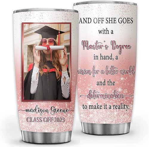 Vaso personalizado con purpurina para graduación 2023 con tapa, nombre de foto personalizado, regalos de felicitaciones para ella y él, regalo de