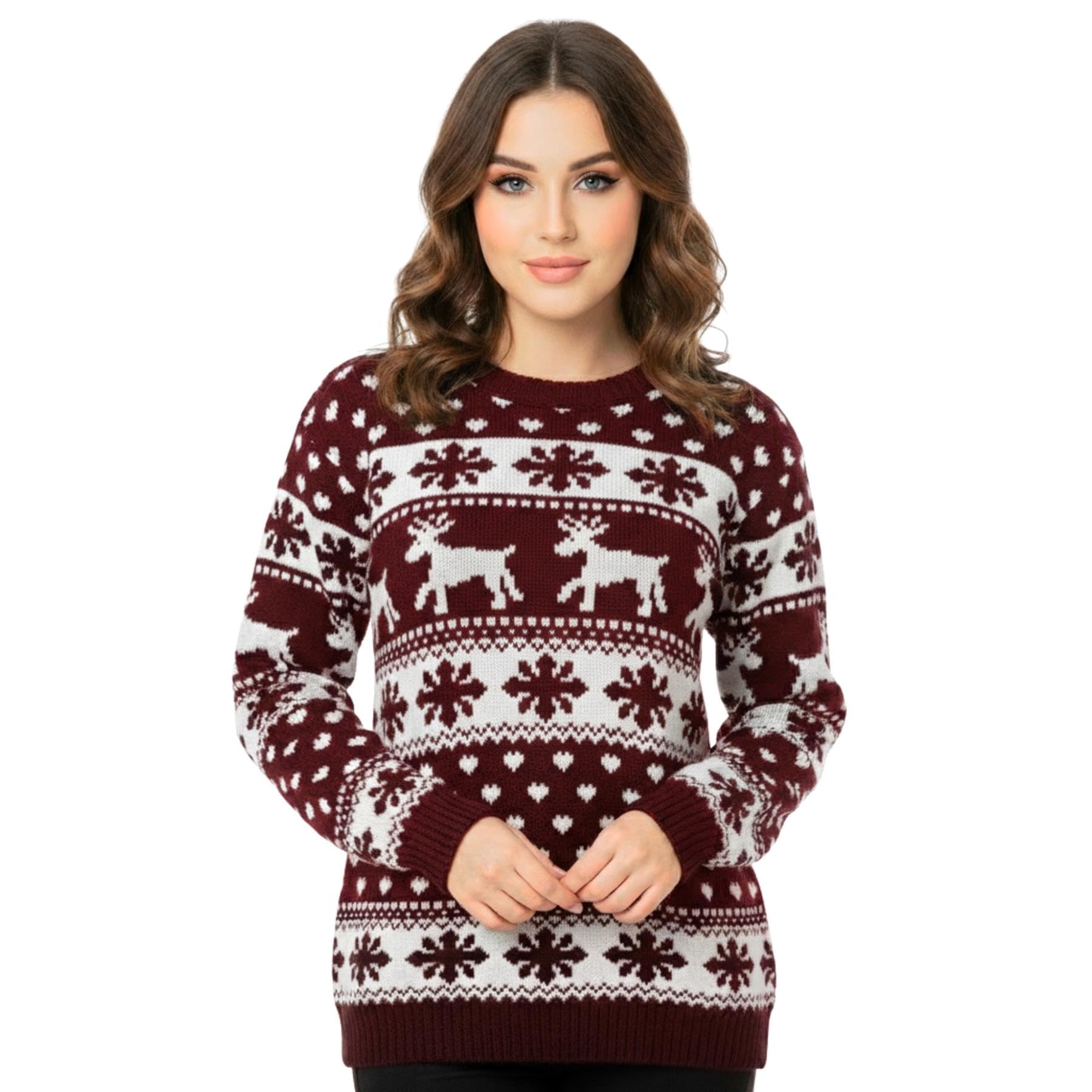 Hamishkane Women's Wine Hamishkane® Funny Christmas Jumpers - Xmas Knitted Reindeer Snowflake Print Ugly Christmas Jumper Uk, Crew Neck Tunic Tops, Novelty Pullover Sweaters