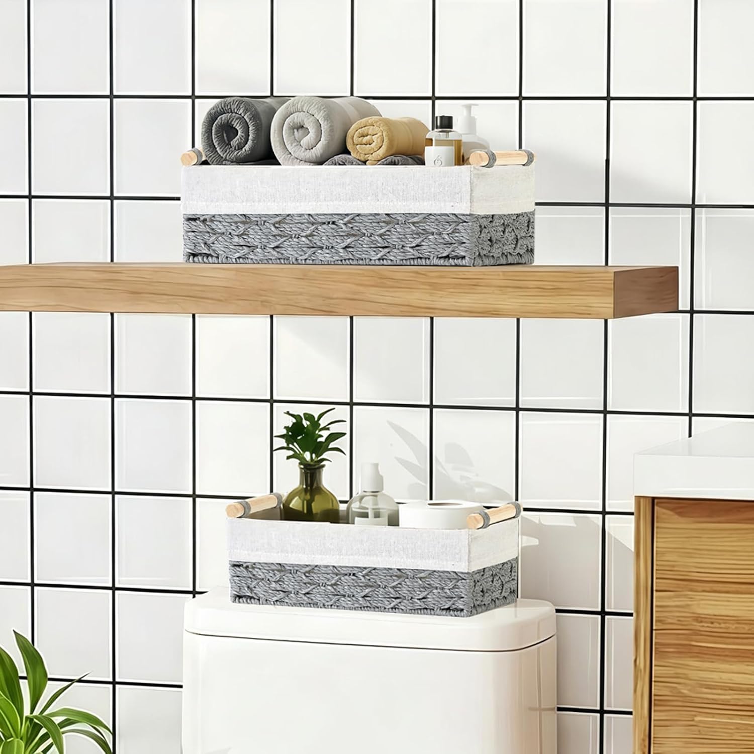 Dustproof Toothbrush Holder with Cover & Set of 2 Woven Toilet Paper Storage Basket