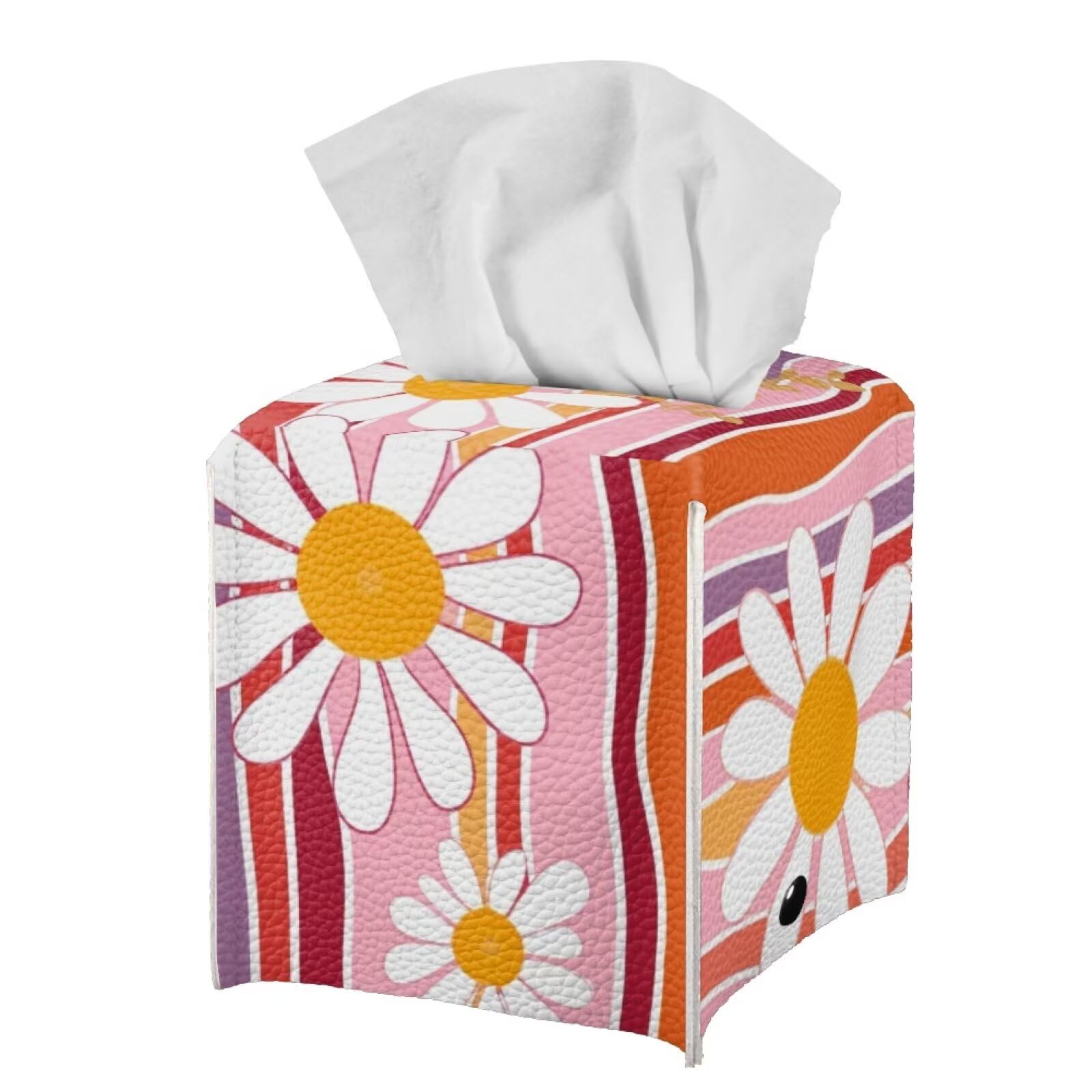 Pink Striped Daisy Flowers Tissue Box Cover Square Cute Print Decorative Tissue Holder for Nightstand Desk Tabletop PU Leather Facial Tissue Box