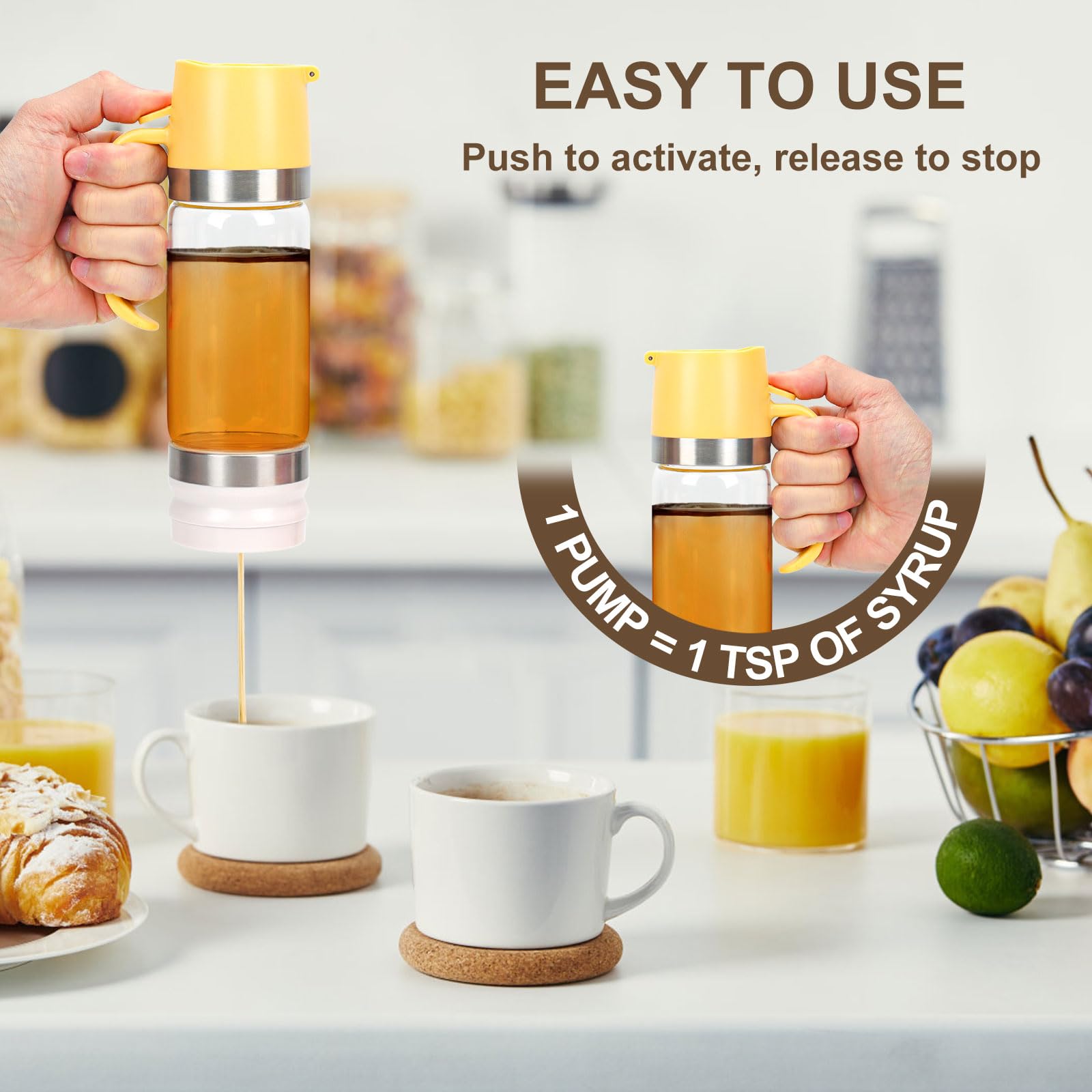 Honigspender aus Glas mit Silikonboden, kein Tropfen, Honigbehälter, Ahornsirupspender mit Griff, für Pfannkuchen, Kaffee oder Tee, Gelb, 2 Stück