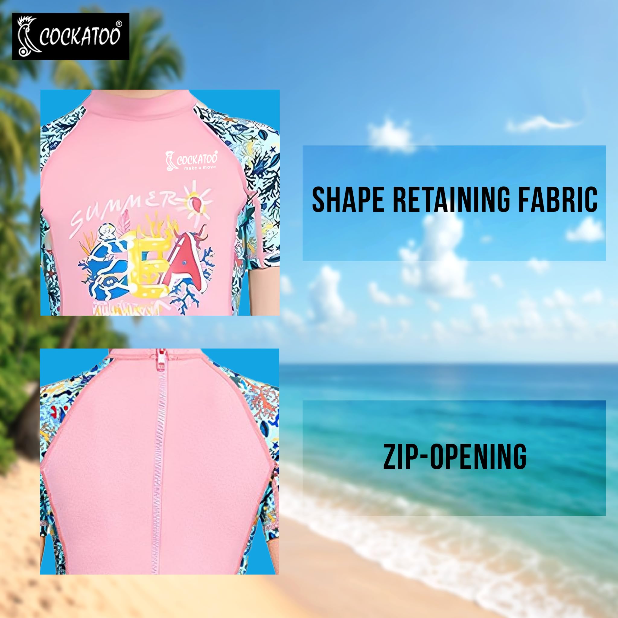 Cockatoo AD16 Swimming Costume for Girls 7-8 Years, One Pice Kids Swim Wears, Kids Half Knee Polyster Swim Suit with Back Zipper, Printed Swimming Costume for Girls, Size-L, Pink 2