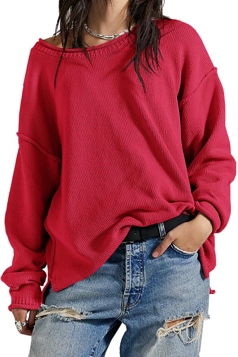 UNCLECAT Womens Oversized Sweater 2025 Fall Trendy Side Slit Crew Neck Long Sleeve Casual Tunic Sweaters