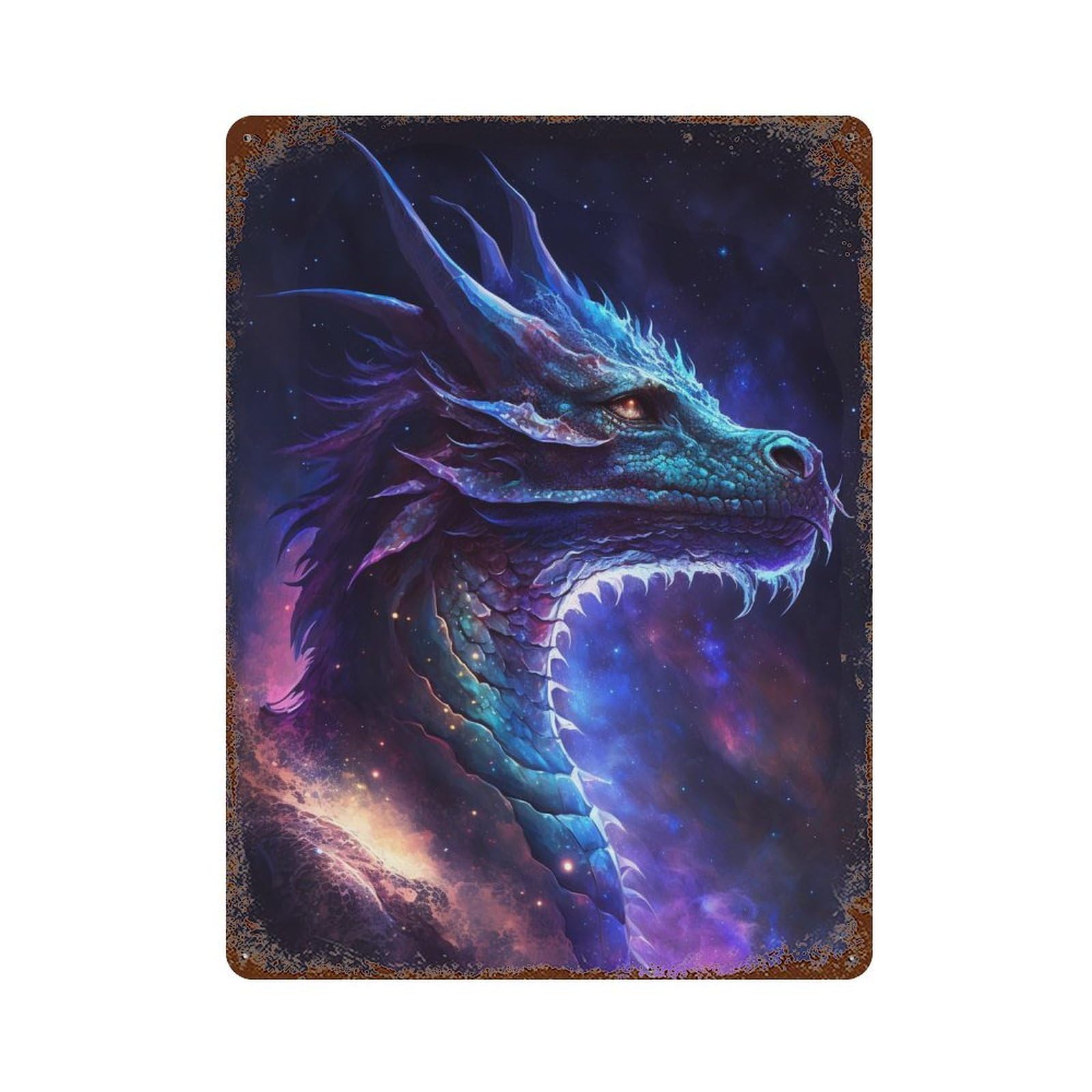 Aged Metal Wall Plaque with Galactic Dragon Artwork-6 Design 15.7"x11.8", for Farmhouse, Kitchen And Entryway Decor, Old School Wall Decor