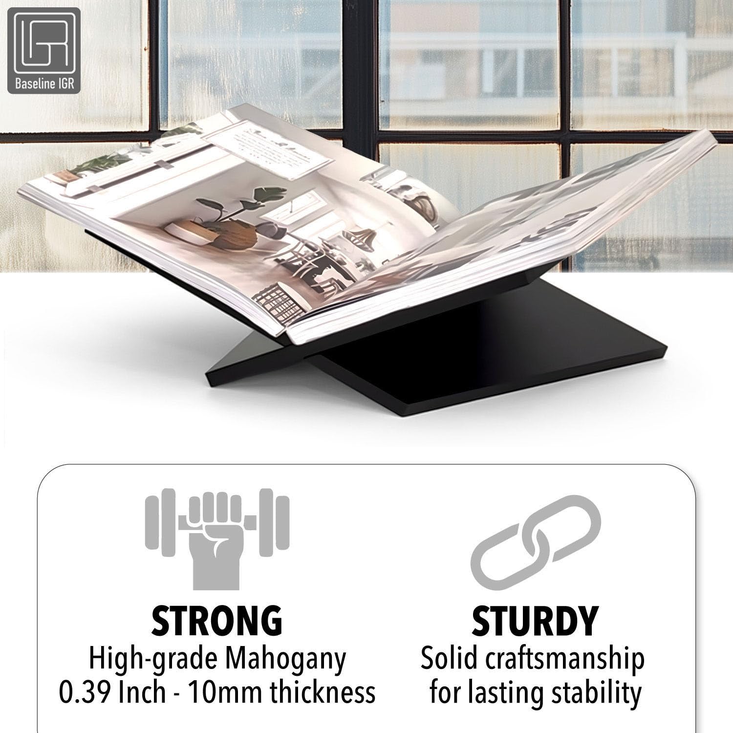 Baseline IGR - Strong Angled Modern Wood Book Stands for Display - Large Bookstand- 12.5" x 9.5" x 5.5" Wooden Bible Stand Display, Book Opener Holder 2
