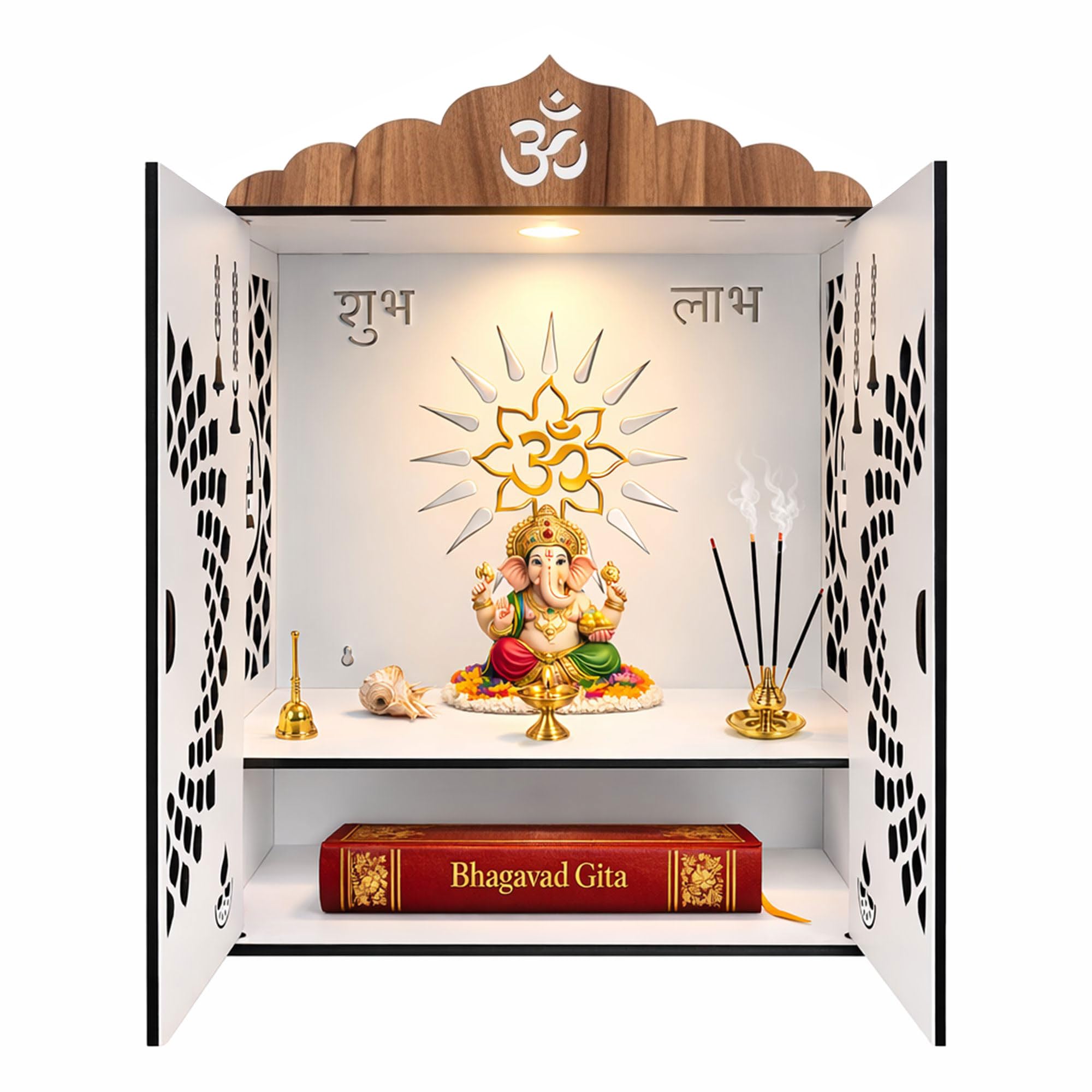 Beautiful Home Temple Pooja Mandir for Office with Door | Wooden MDF | Storage Space | Wall Mounted & Tabletop (19.28 x 13.57 x 9.83 Inch)-image-27