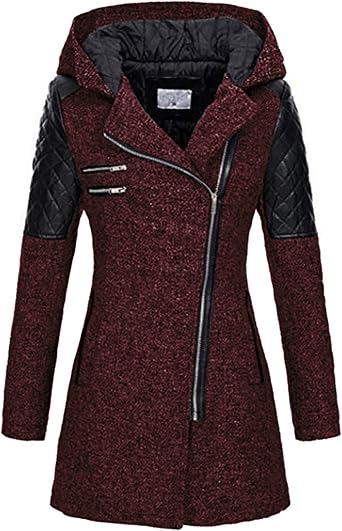 Womens Pea Coat Long Sleeve Hooded Lapel Thickened Warm Winter Jackets Zip Up Trench Outerwear Pockets