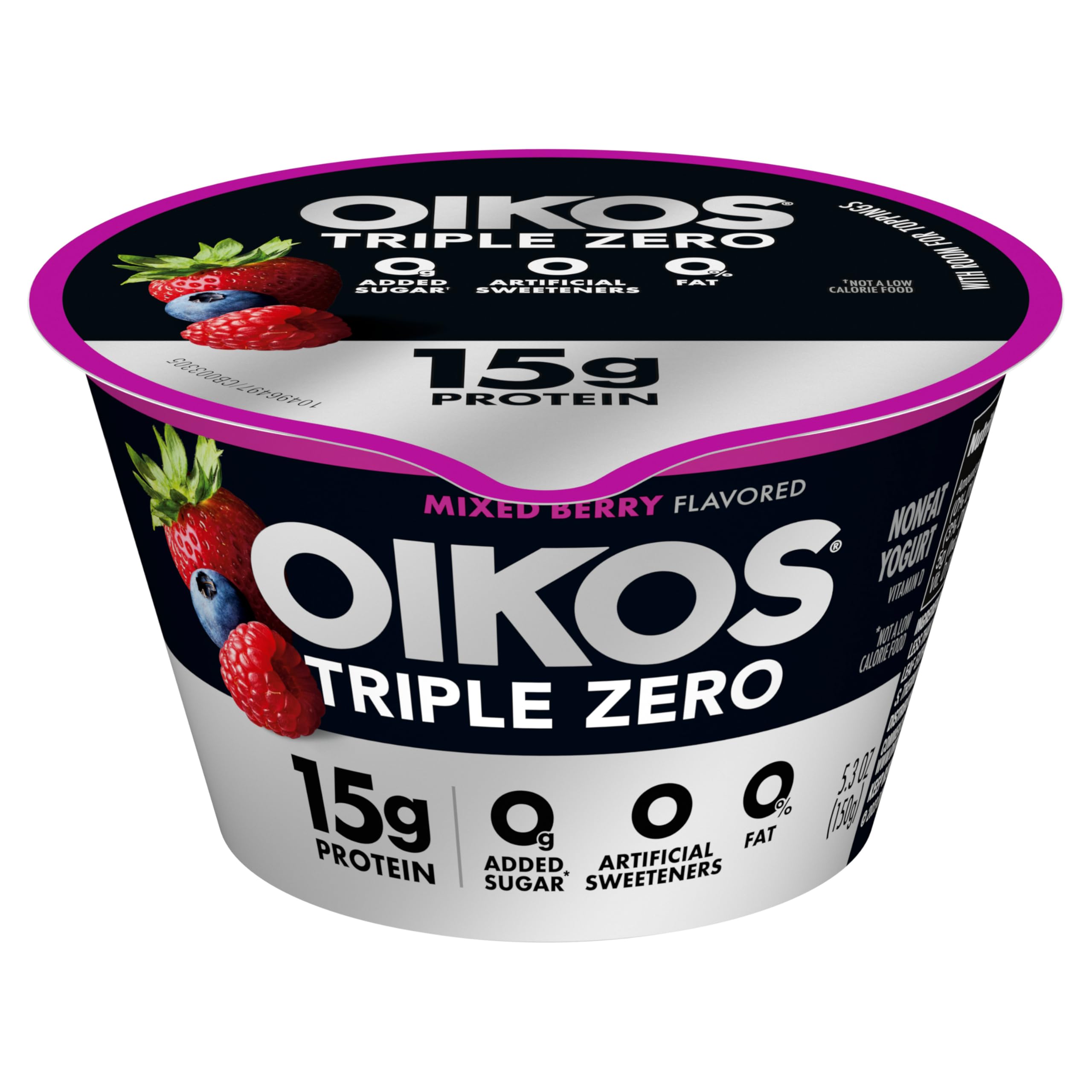 Triple Zero Mixed Berry Nonfat Greek Yogurt, 0% Fat, 0g Added Sugar and 0 Artificial Sweeteners, Just Delicious High Protein Yogurt, 5.3 OZ Cup