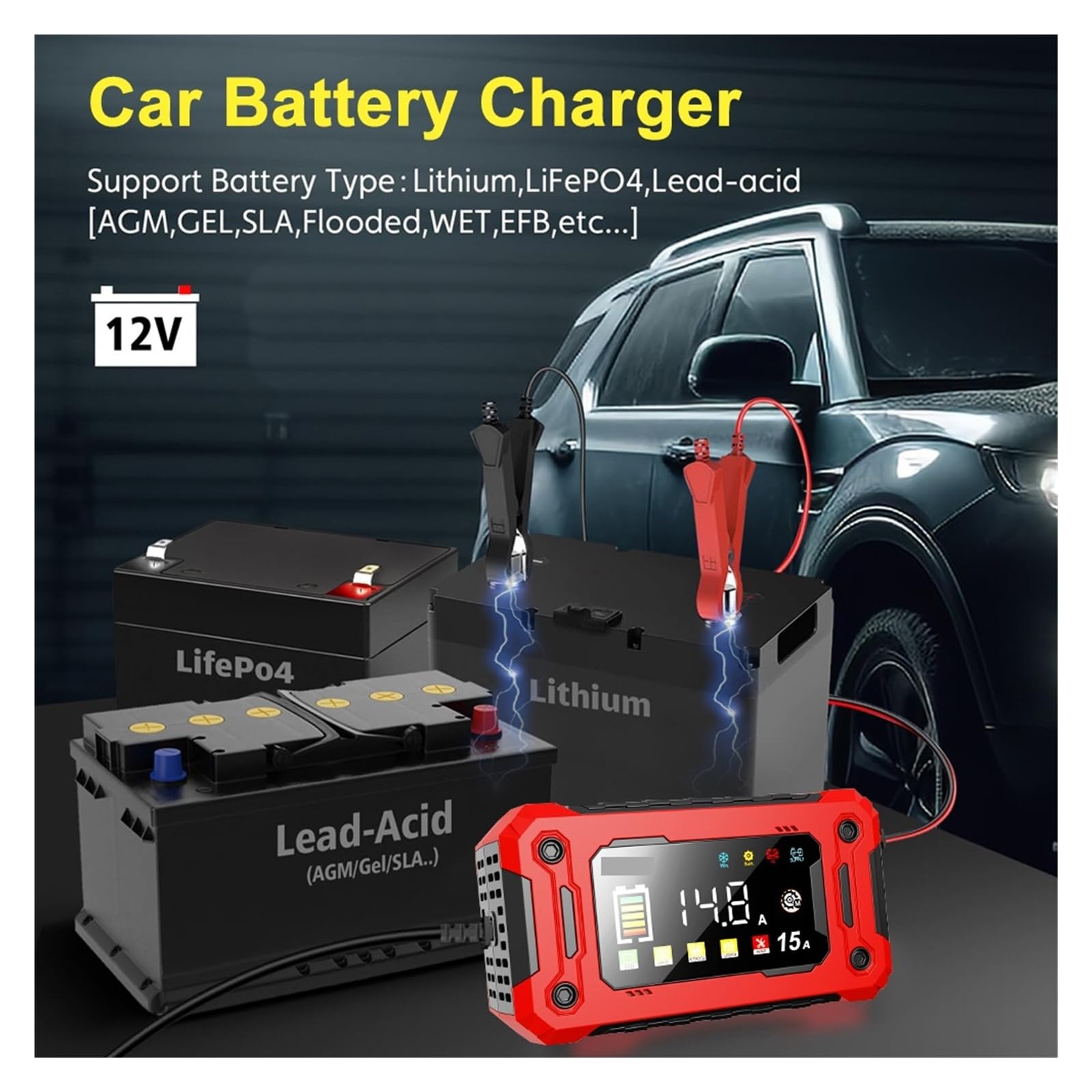 Cargador de Bateria, Cargador inteligente for baterías de coche de 12 V y 15 A con pantalla LCD más grande