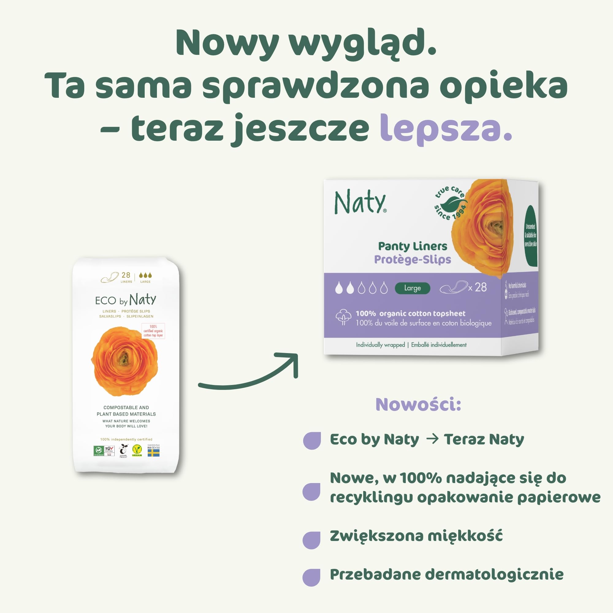Naty Wkładki Higieniczne Large | 100% certyfikowanej bawełny organicznej w kontakcie ze skórą | Bezpieczne dla skóry | Bezzapachowe, 0% konwencjonalnego plastiku | Komfortowe & oddychające | 28 sztuki