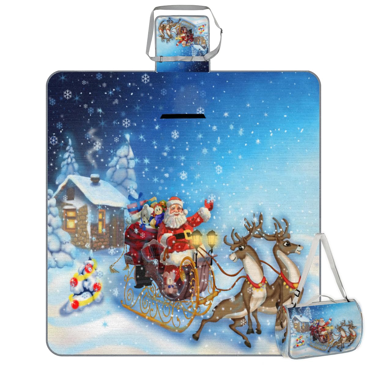 Shimoshe Picnic Blankets 57”x 59”, Winter Santa Christmas Sleigh Christmas House Waterproof Sandproof Picnic Mat Lightweight Foldable Beach Blanket for Camping Park Grass Beach Outdoor Blanket