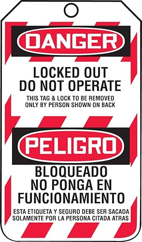 Accuform TSP103PTP Etiqueta de bloqueo bilingüe española, leyenda "PELIGRO BLOQUEADO NO OPERAR PELIGRO BLOQUEADO NO PONGA EN FUNCIONAMIENTO", 5.75