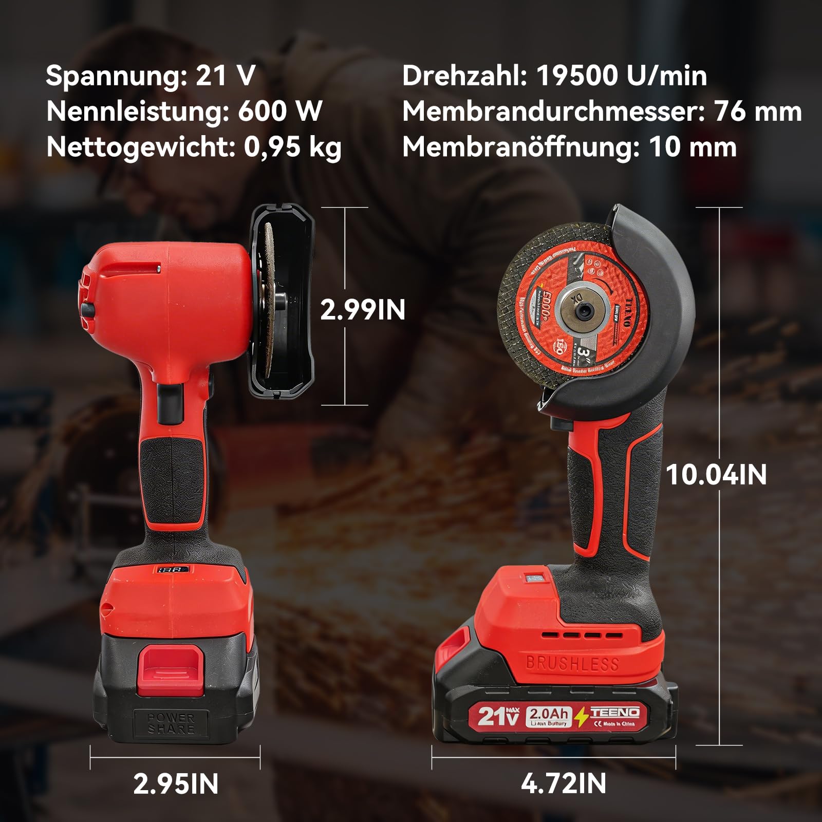 TEENO 21V Winkelschleifer mit Bürsten, 19500 U/min, inklusive 2 Akkus mit 1500mAh und 6 Schleifscheiben, professionelles Elektro-Trennschleifer Set geeignet für Metall, Holz und Fliesen