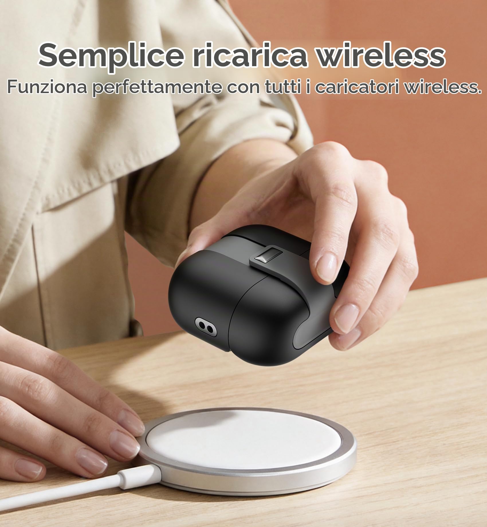 SURITCH Custodia Antiurto Con Chiusura Magnetica Per AirPods 4 (2024) – Cover Rigida Con Moschettone, Ricarica Wireless Compatibile, Nera - 3