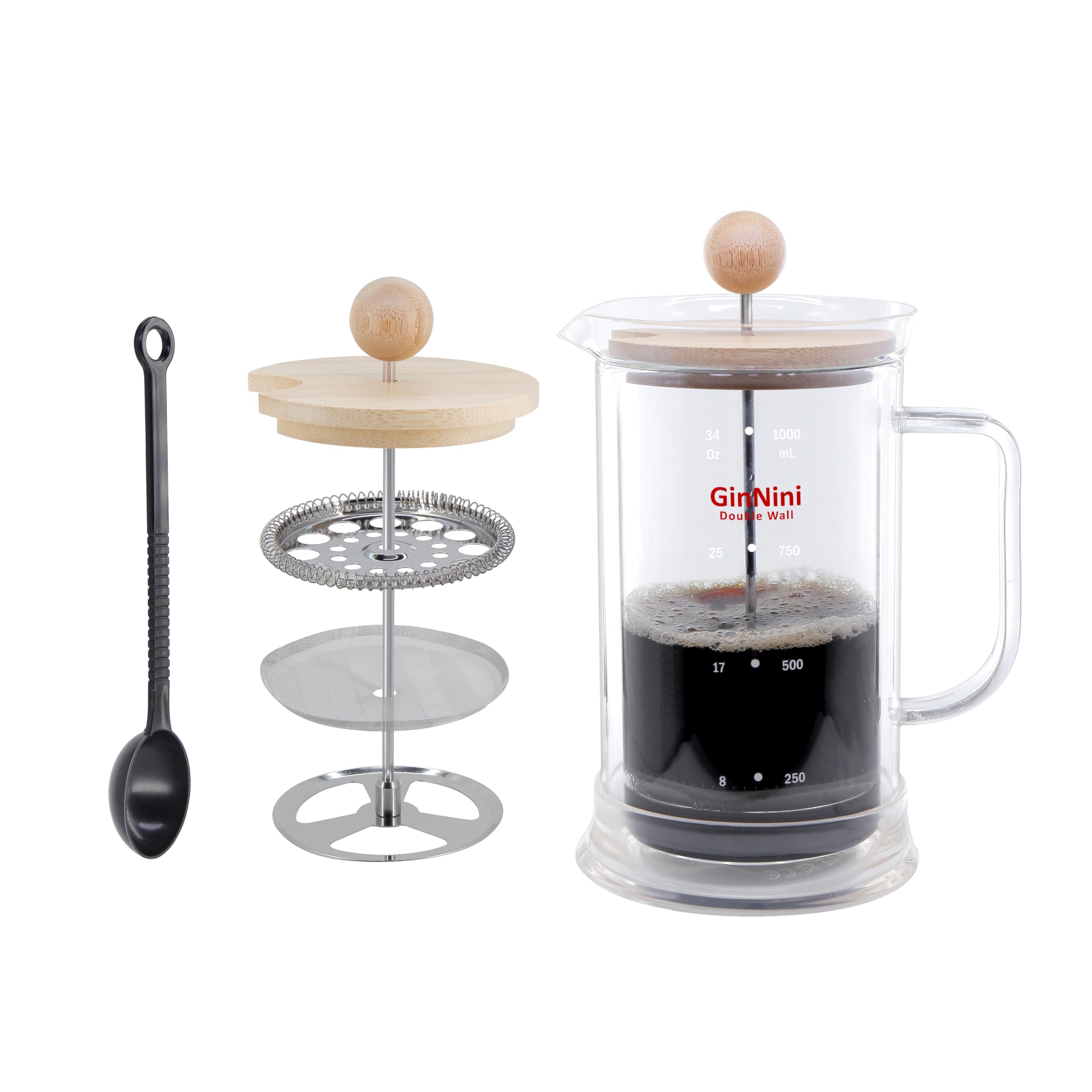 Photo 1 of GinNini 34oz Cold Brew Coffee Maker & Iced Tea Maker, No Plastic Double Wall Glass French Press with Heat-Resistant Borosilicate Carafe, SUS304 Filter & Bamboo Lid, Gift for Mom