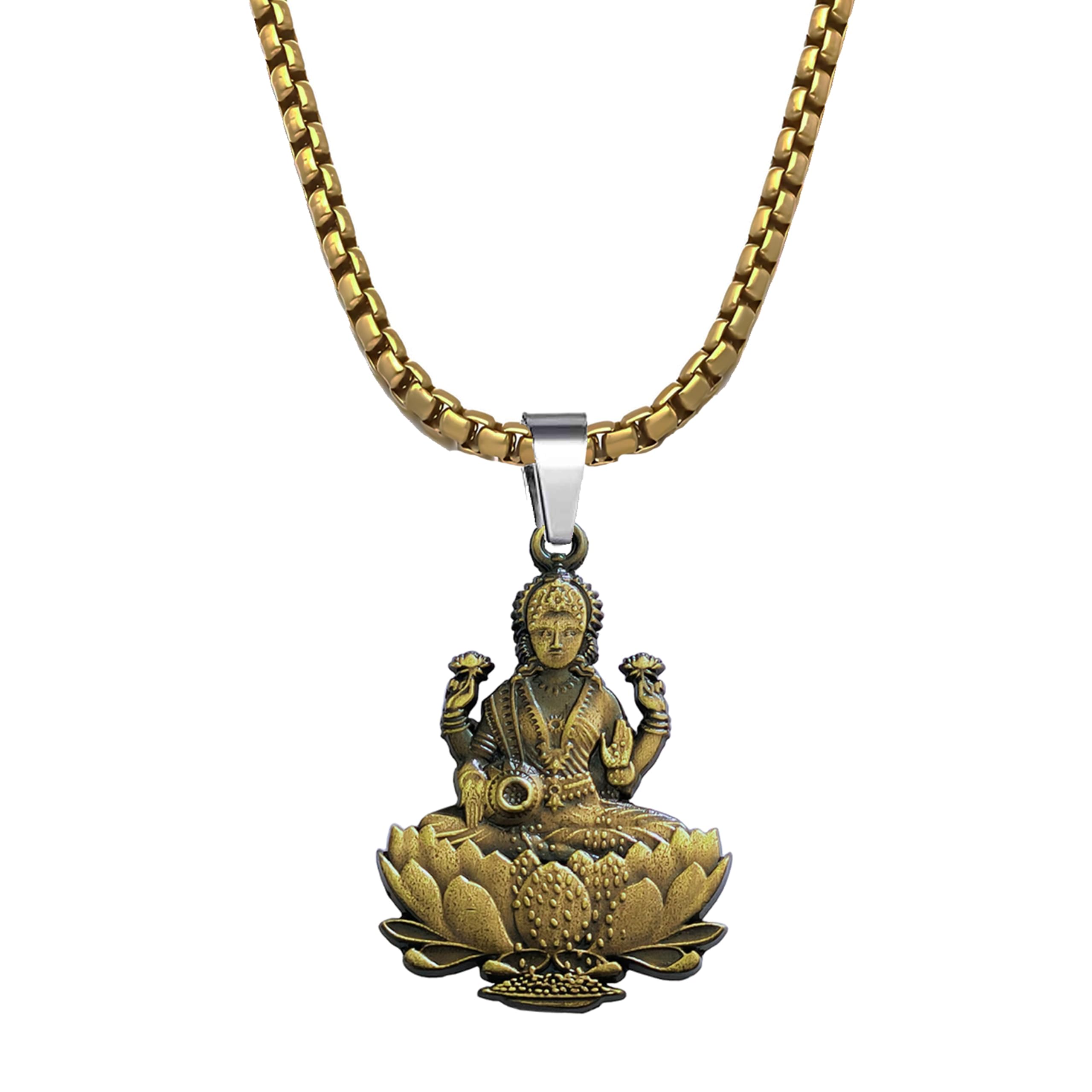 Mahalaxmi Goddess Pendant With 22 Inch Box Stainless Steel Chain in Brass Alloy – Prosperity & Good Fortune Amulet Necklace-image-17
