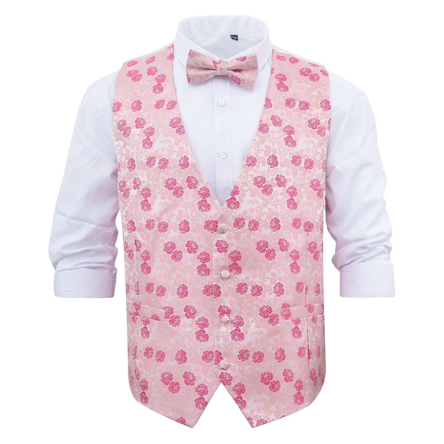DQT Mens Floral Rose Waistcoat & Pre-Tied Bow Tie Set (2pc) - Wedding, Business & Formal - Pink 46" (3XL)
