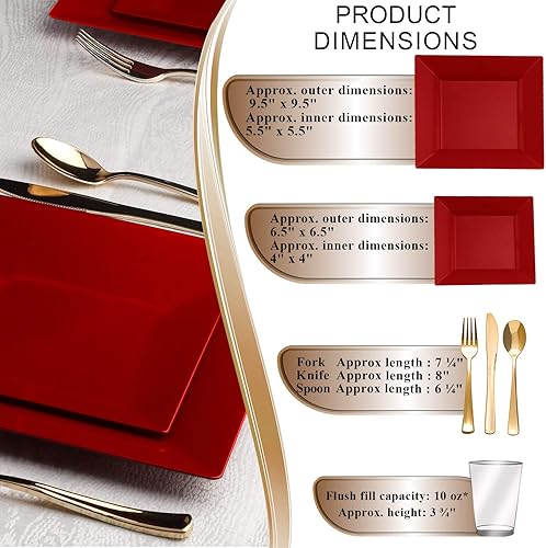 Miniatura 2 de Juego de vajilla de plástico desechable para 120 invitados, incluye platos cuadrados rojos elegantes, platos de postre/ensalada, juego de cubiertos