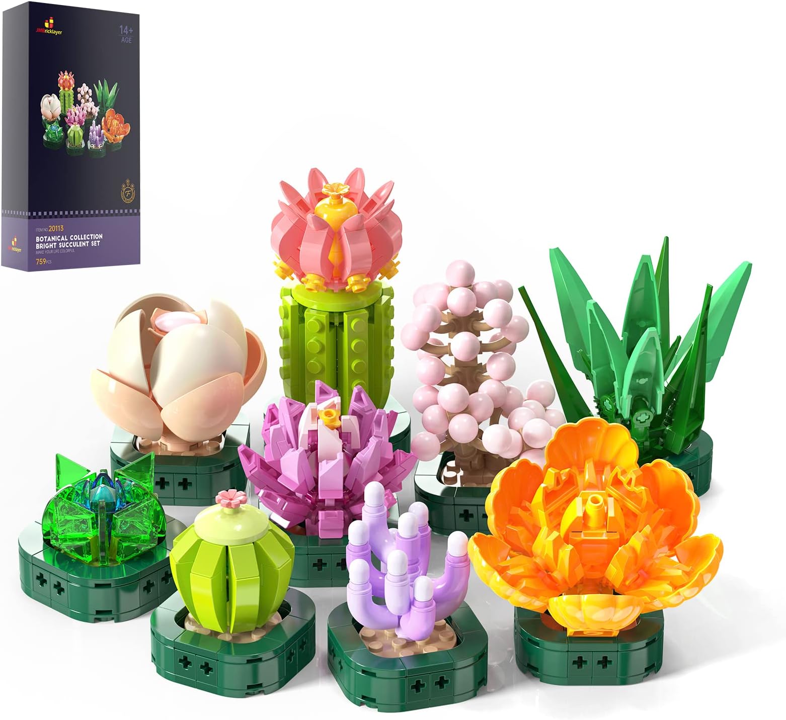 JMBricklayerSucculent Flowers Building Sets for Adults, Unique Gifts for Mother Women Girls, Cute Flower Plants Office Home Room Decor, Botanical Collection Bonsai Building Toys