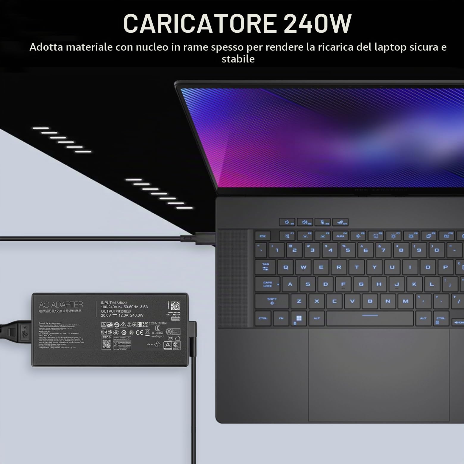 Caricatore 240W 20V 12A per Asus ROG Zephyrus G16 GU605M GU605MY GU605MZ TUF Gaming A16 FA608 FA608W 240W ADP-240EB B Adattatore