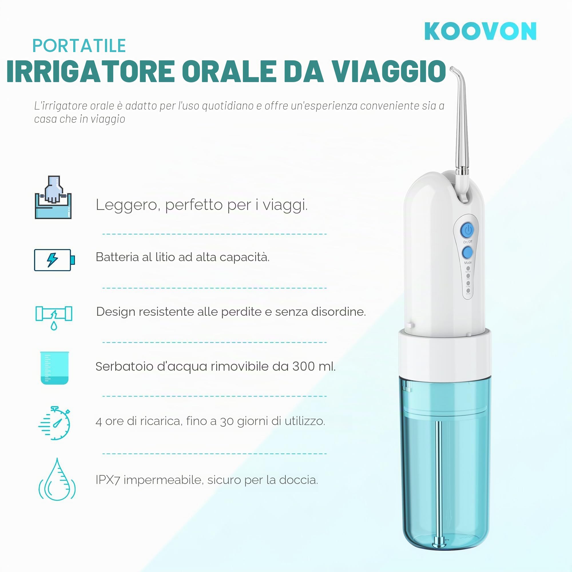 GEEDIAR Irrigatore Orale Portatile Senza Fili - Ricaricabile USB, 4 Modalità e 5 Gettoni, Impermeabile IPX7, per Pulizia Profonda tra i Denti, Ideale per Casa e Viaggio, Blu