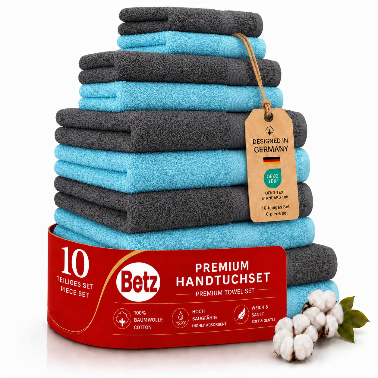 Betz Juego de 10 Toallas Classic 100% algodón 2 Toallas de baño 4 Toallas de Lavabo 2 Toallas de tocador 2 Toallas faciales de Color Turquesa y Gris Antracita