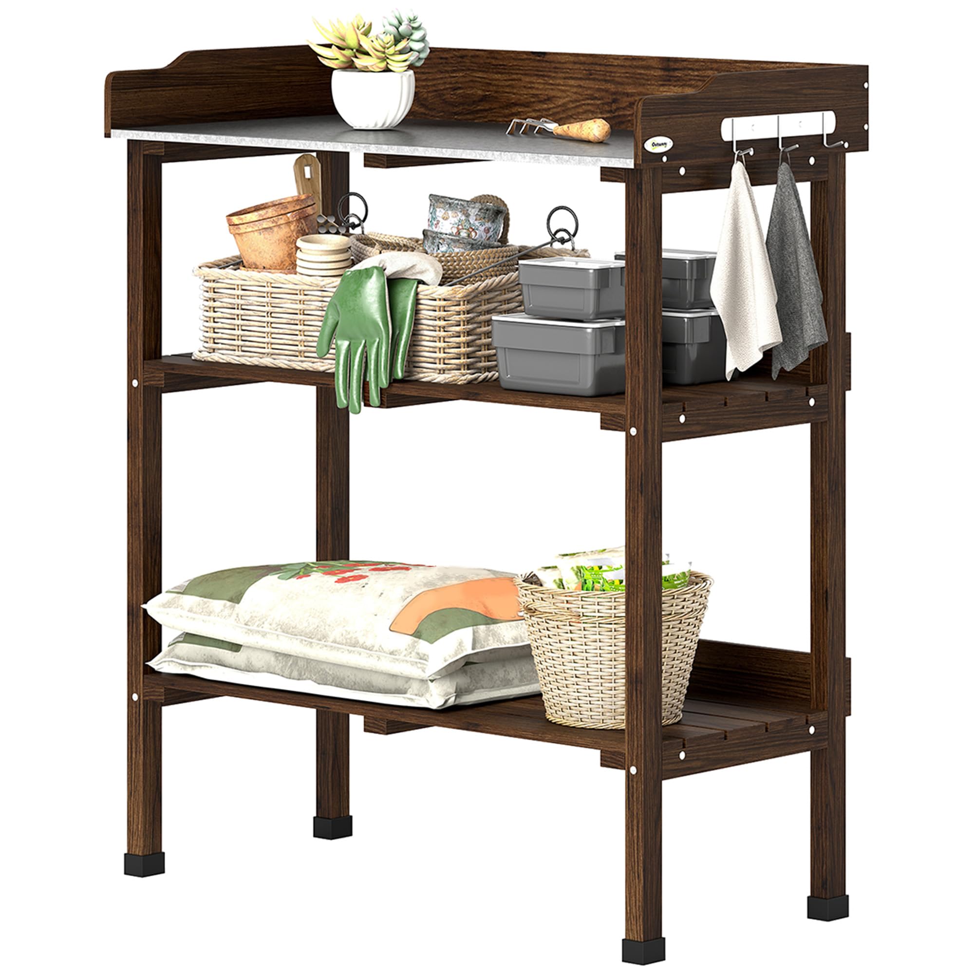 Outsunny Mesa de Plantación de Madera de 3 Niveles, Mesa de Jardinería con Placa Metálica, 2 Estantes y Ganchos, Resistente a la Intemperie, para Jardín, Terraza, Balcón, 76x37x89 cm, Carbonizado