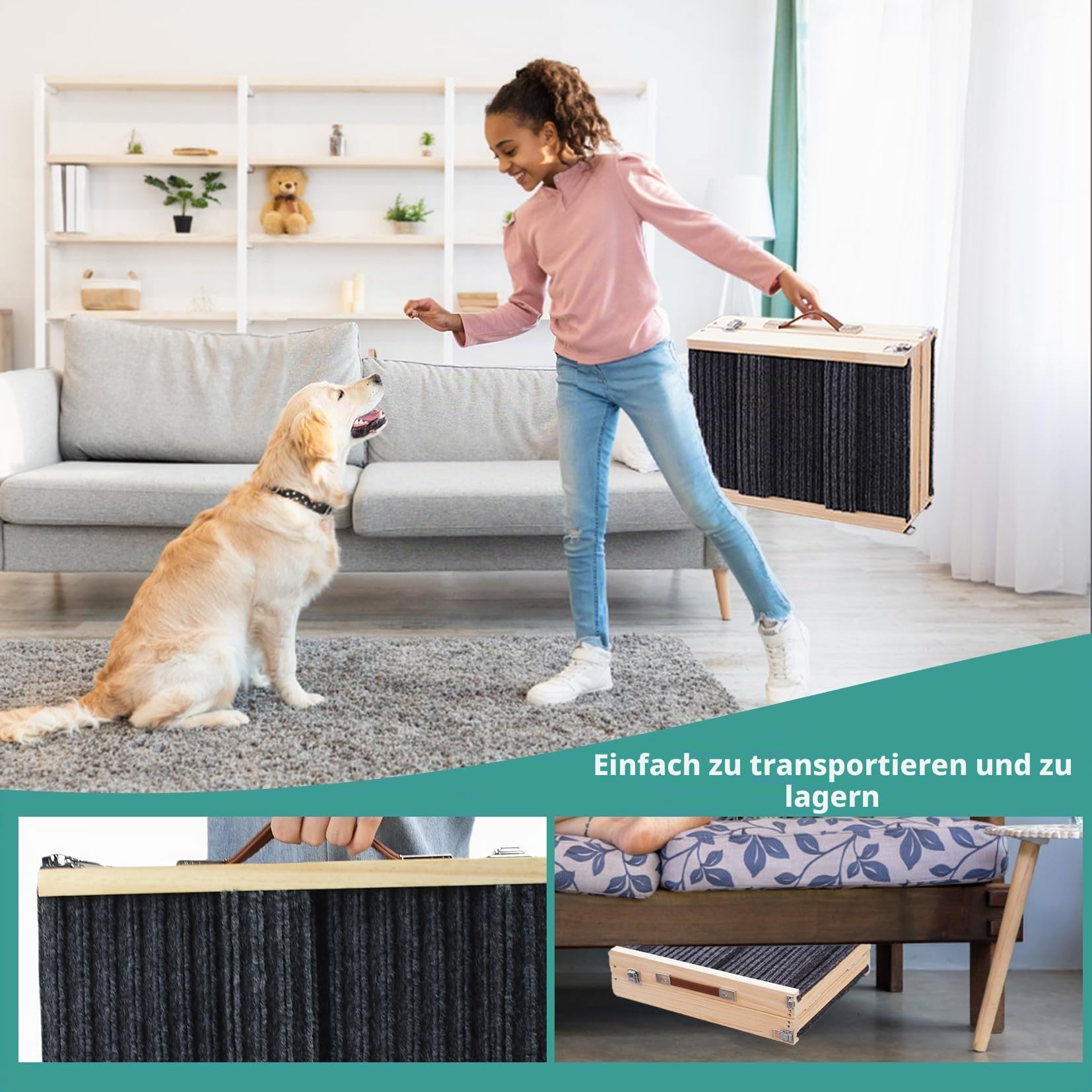 Haustierrampe aus Holz, zusammenklappbar, tragbar, 4 Stufen, verstellbar, 22,9 cm bis 43,9 cm, mit Rutschfester 5 Pfoten-Traktionsmatte für kleine, mittelgroße Hunde.Dog Ramps-GY,DE