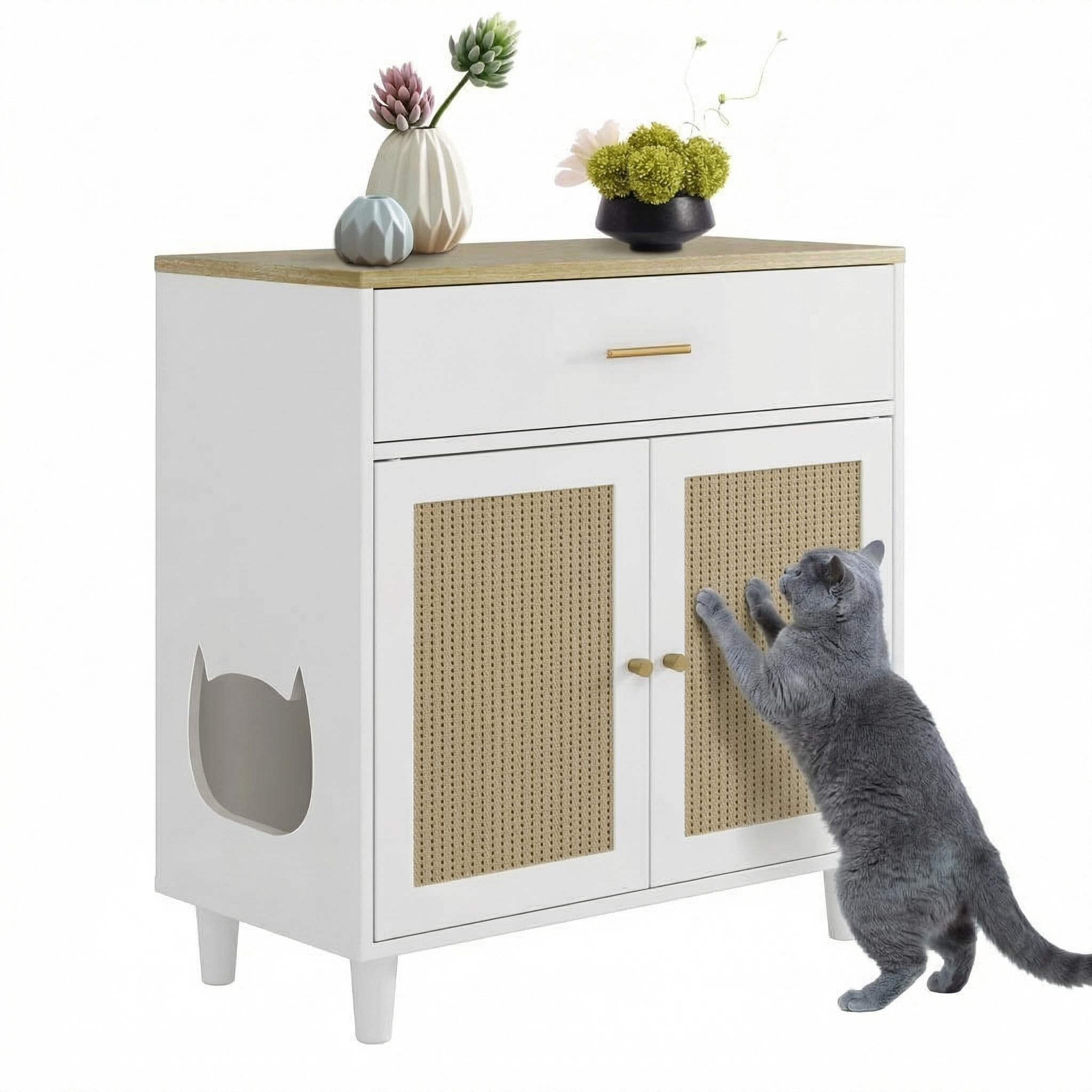 Cat Litter Box Enclosure, Wood Cats Litter Box with 2 Doors, Hidden Pet Storage Cabinet Furniture with Scratching Pad, Modern Cat Cabinet for Living Room, Entryway, White