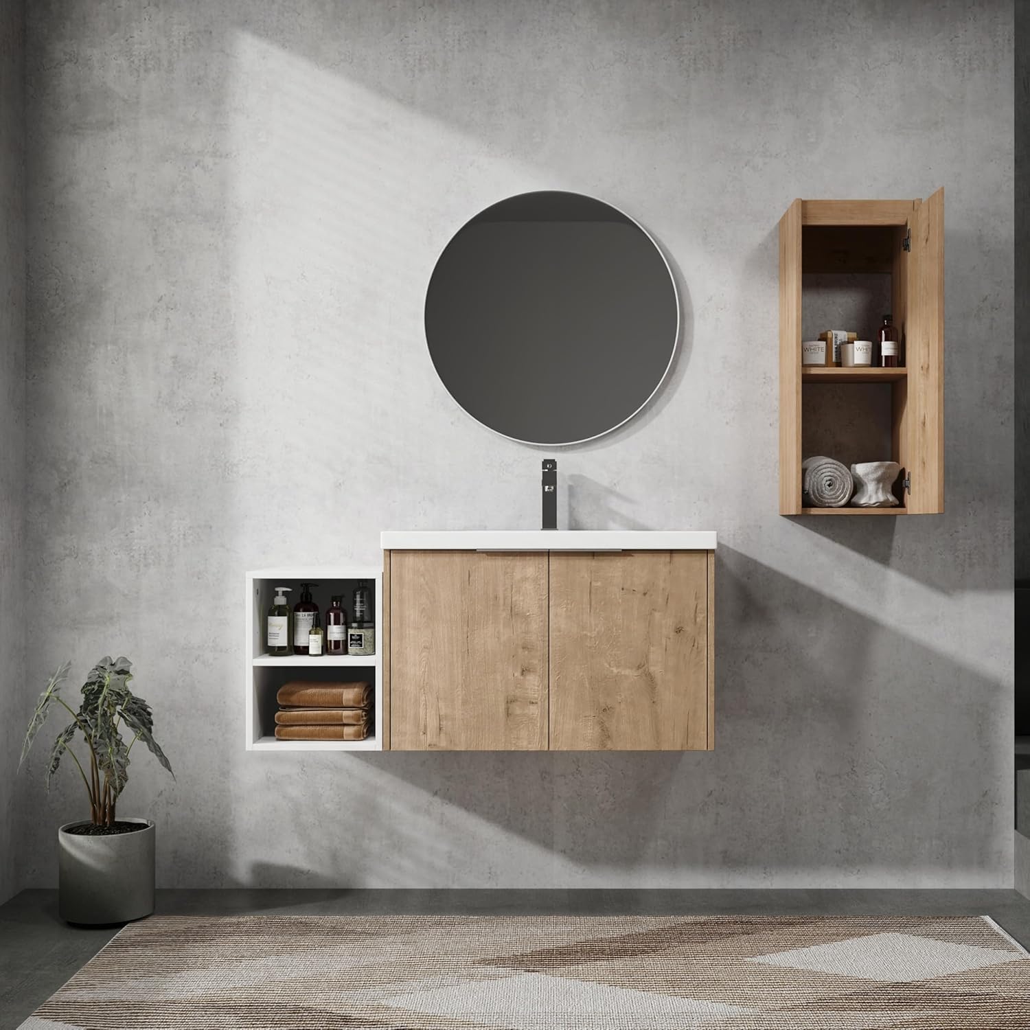 48 Inch Single Sink Bathroom Vanity Modern Wall-Mounted Bathroom Vanity with Sink 48-Inch Floating Bathroom Vanities Set with 1 White Open Storage Shelf & 1 Side Cabinet, Natural Oak