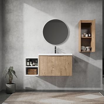 42" Floating Bathroom Vanity with Sink, 42-Inch Large Wall Mounted Bathroom Vanities Set Bathroom Cabinet with 1 White Open Storage Shelf & 1 Side Cabinet, Natural Oak