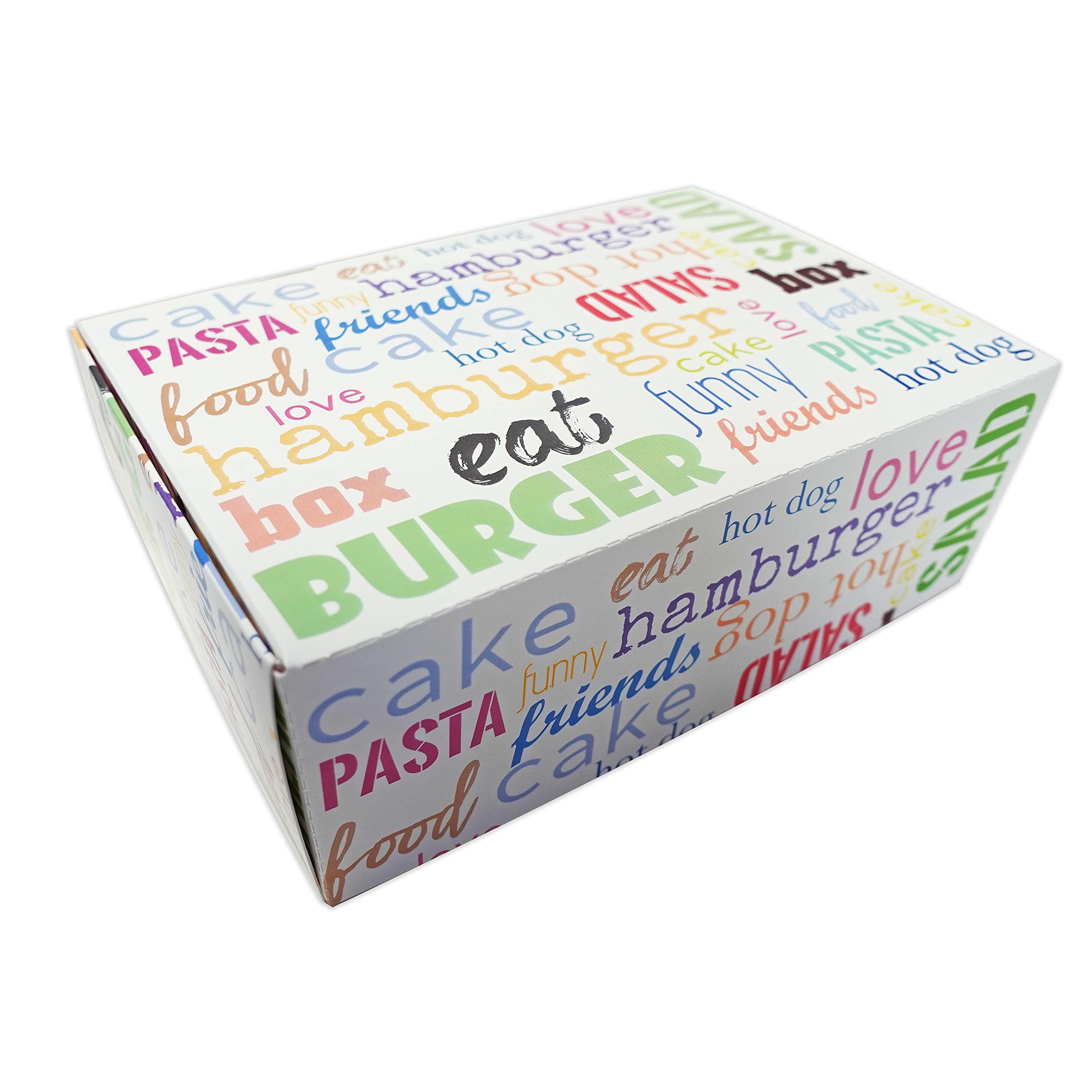 Confezione da 100 scatole per Asporto Alimentare Stampate per Hamburger e Fritti - Misure 20x13x7h cm - White - Interno antiunto - Scatole impilabili
