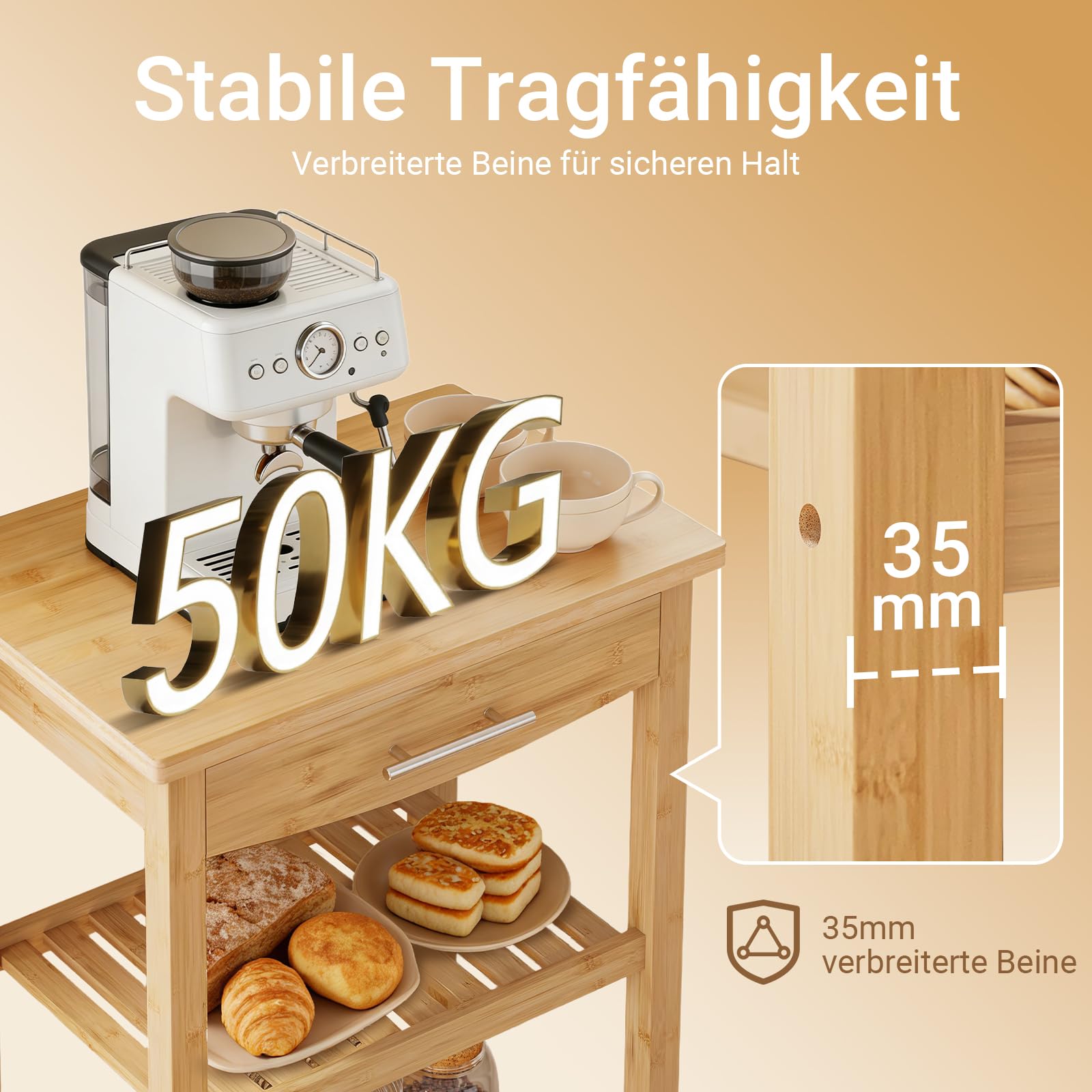 SoBuy Küchenwagen aus karbonisiertem Bambus Küchenwagen Holz Servierwagen mit Rollen – antibakteriell, feuchtigkeitsbeständig, geruchsneutral, ideal für Küche, Esszimmer & Outdoor 58×86×40cm FKW135-N