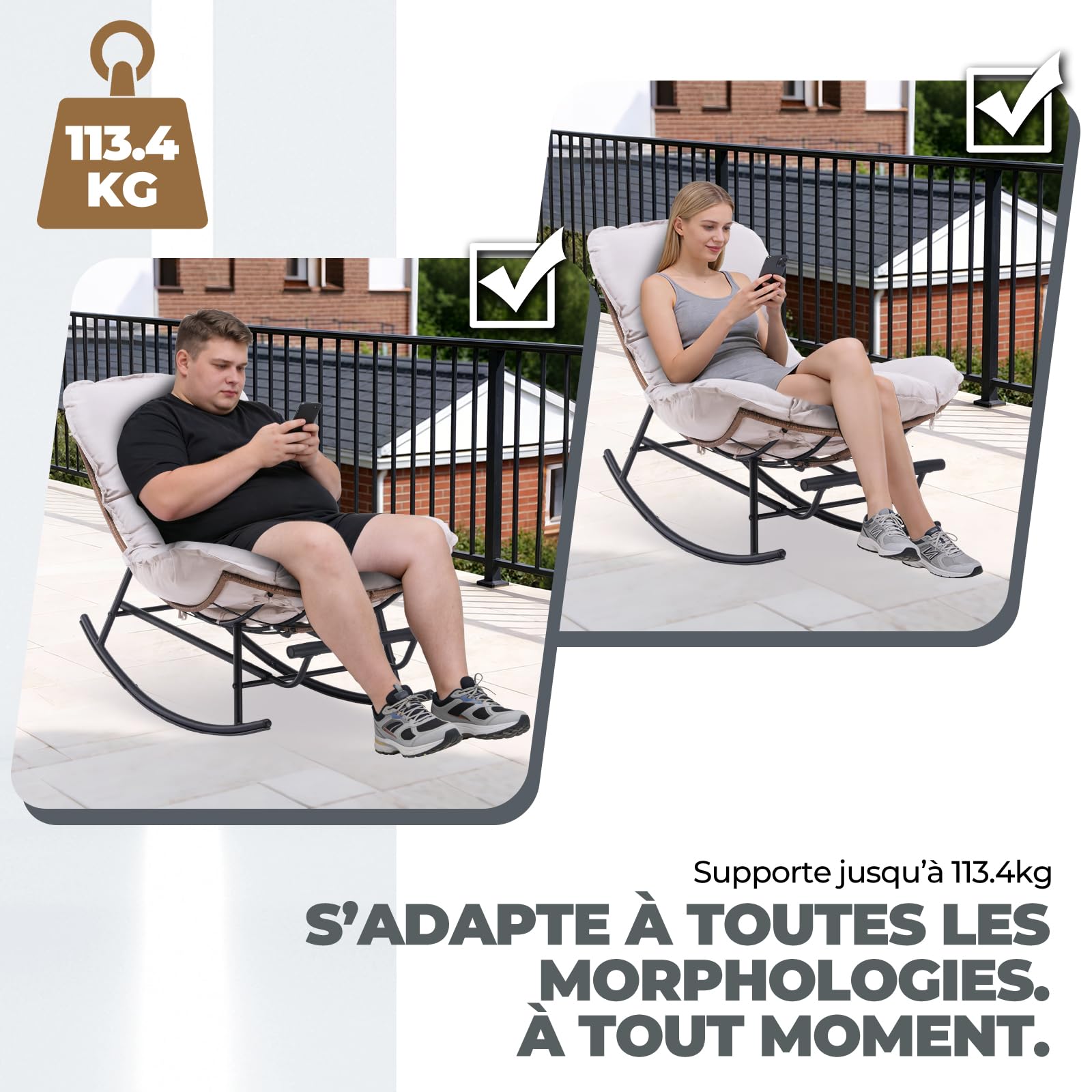COMHOMA Fauteuil à Bascule, Fauteuil de Relaxation, Structure en Acier, Repose-Pieds Extensible, Coussin Amovible, Charge maximale : 136 kg, pour Chambre à Coucher, Salon, terrasse, Jardin, Beige