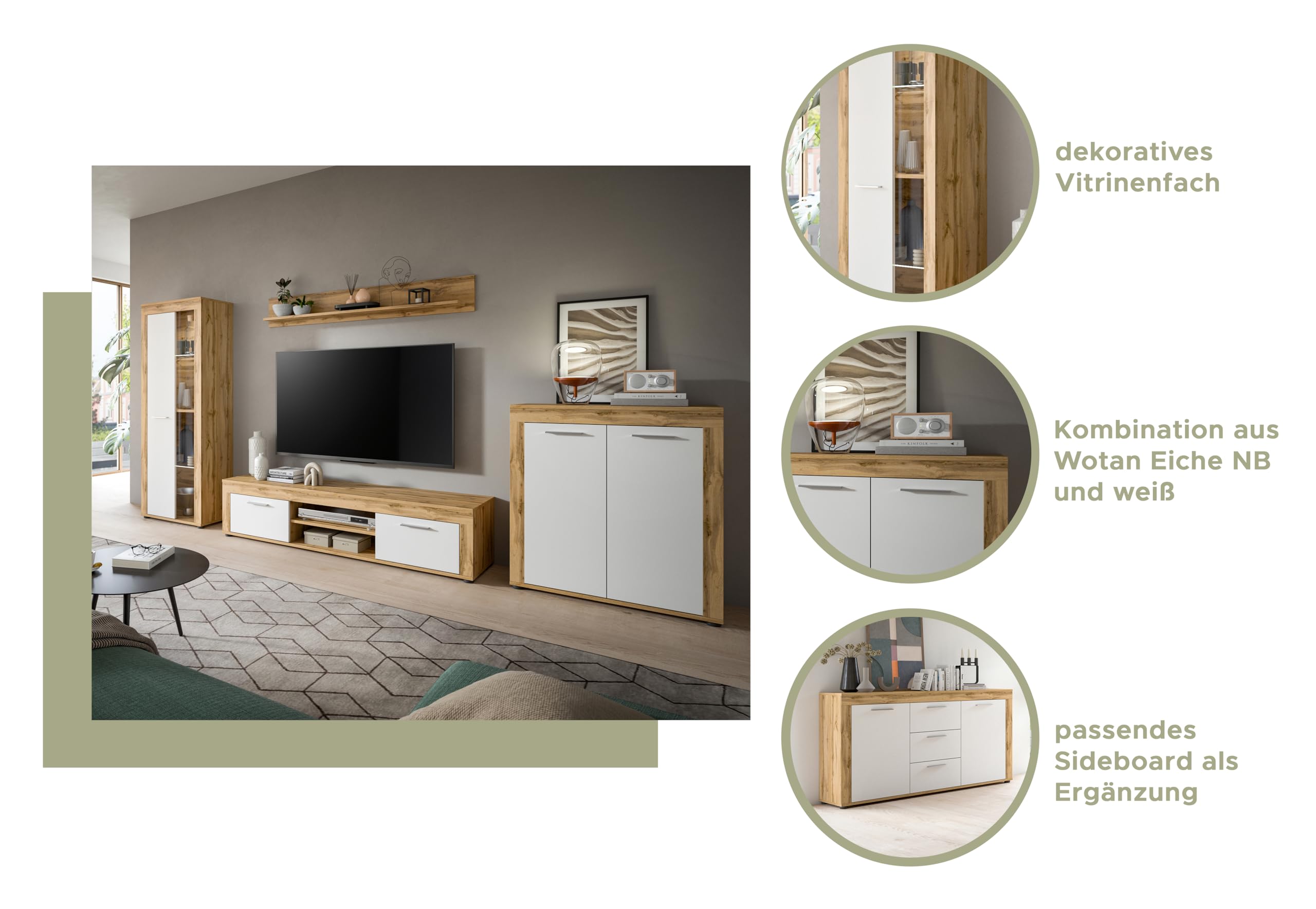 xonox.home Wohnen Jam X8BK6T40 - Vitrina de Cristal (melamina, melamina, Roble Wotan, 600 x 86 x 35 cm), Color Blanco