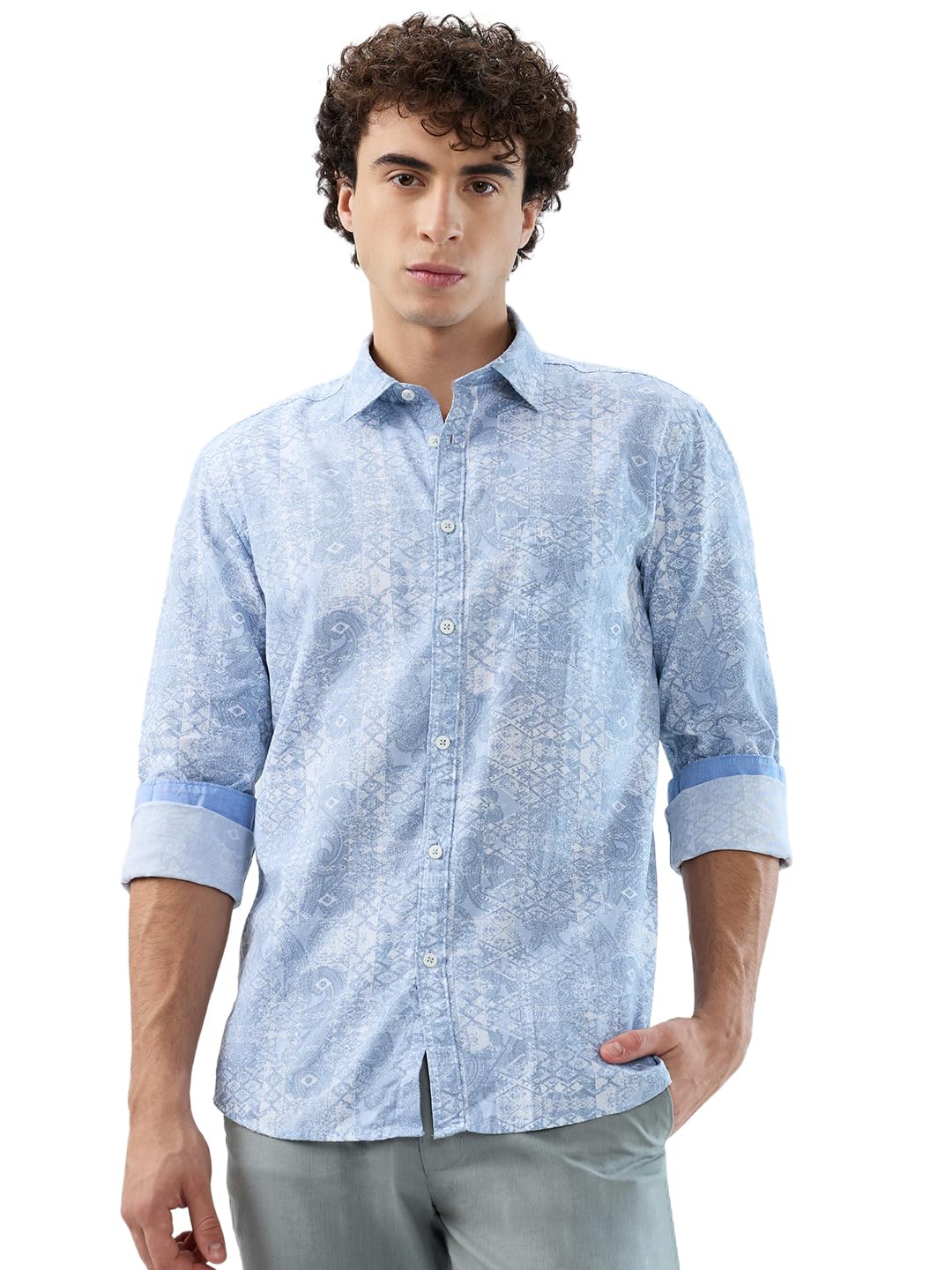 parx Men Slim Fit Print Pattern Cotton Elastane Blend Semi Cutaway Collar Full Sleeve Casual Shirt Blue-picture-11