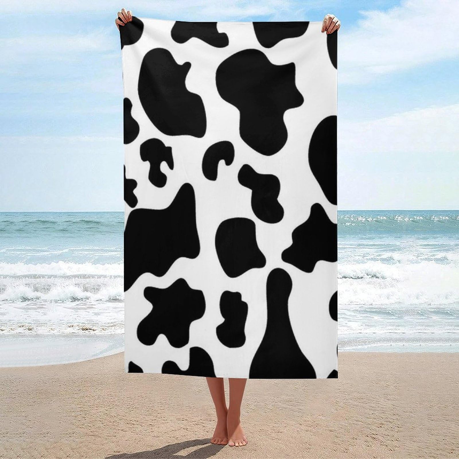 LEDFCVSU Beach Towel, Black Cow Print Bath Towel, Absorbent Towel for Swimming, Sports, Travel