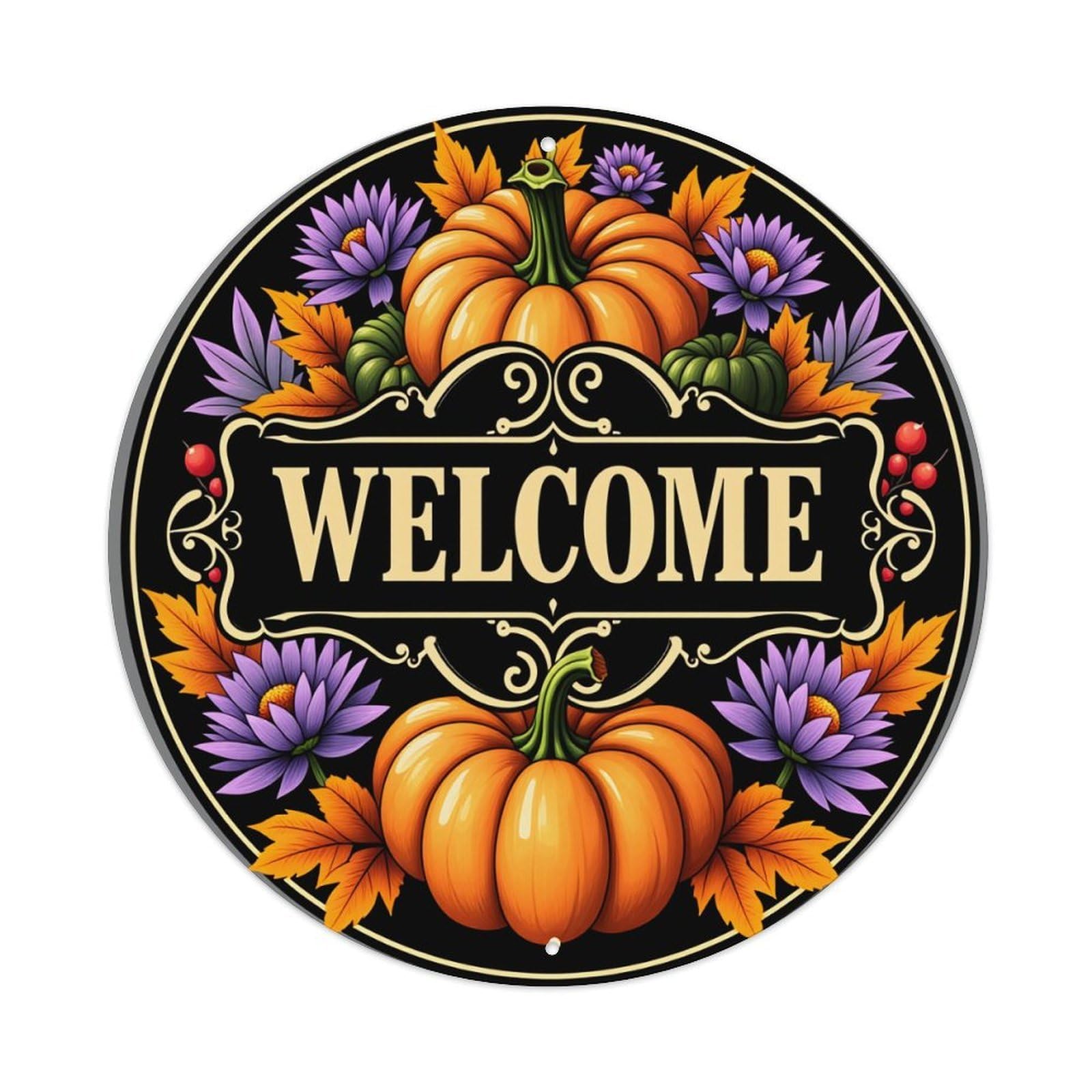 Welcome Autumn Pumpkins Flowers Leaves Round Tin Sign Retro Metal Sign for Cafe Bar Pub Home Game Room Gym Club Wall Decoration Vintage Metal Poster 8x8 Inch