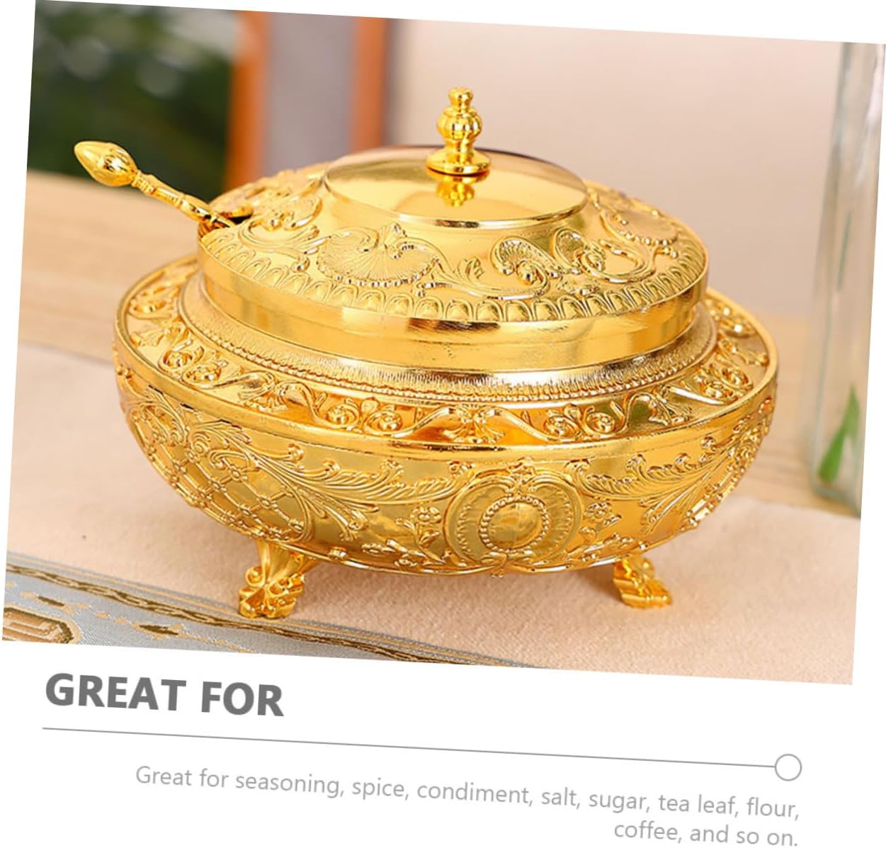 European Style Large Capacity Sealed Condiment Jar with Spoon Vintage Alloy Spice Container Household Sugar and Salt Canister for Kitchen Use