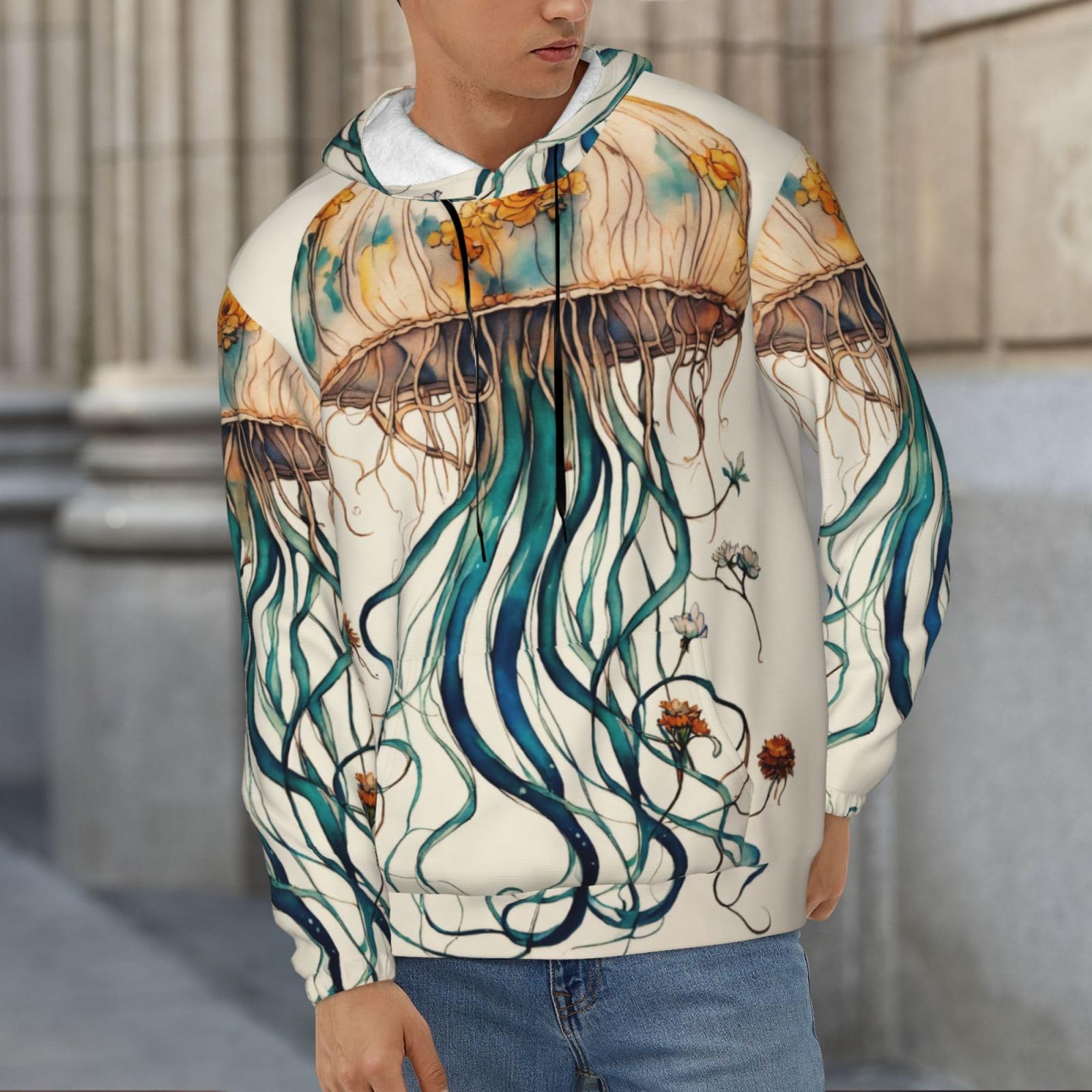Męska bluza z kapturem z nadrukiem meduzy, casualowa grafika z nadrukiem bluzy z kapturem z kieszenią