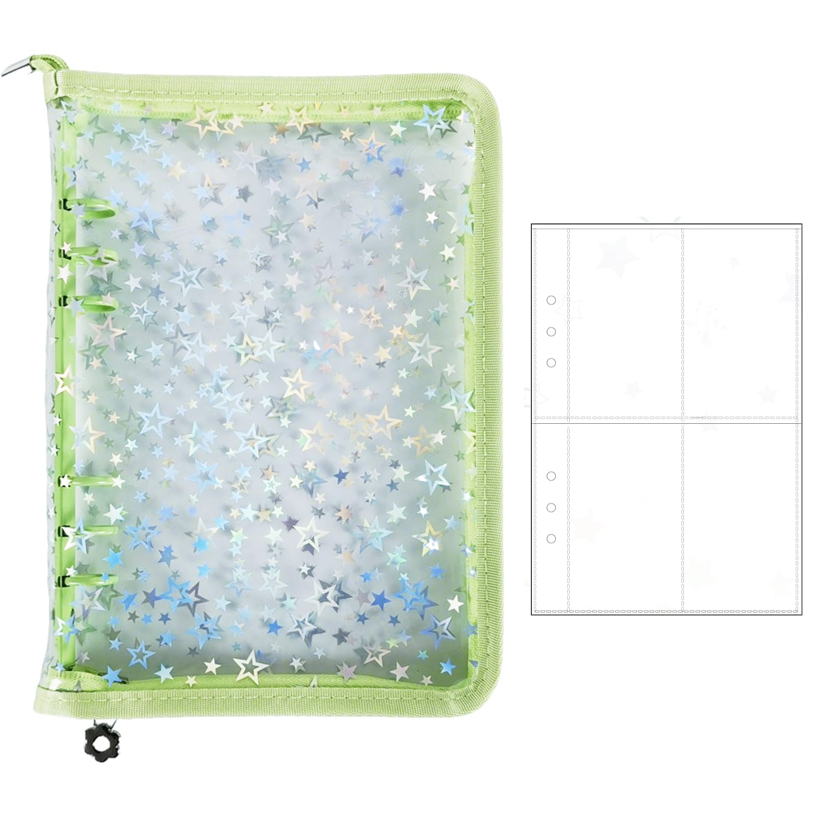 Toyhood A5 Photocard Binder with 25 Inner Pages, Star Pattern, 4-Pocket Card Pages, Kpop Card Photo Collector Cards Holder with Zipper, for Organizing Trading Cards Photo Stamps Receipts (Green)